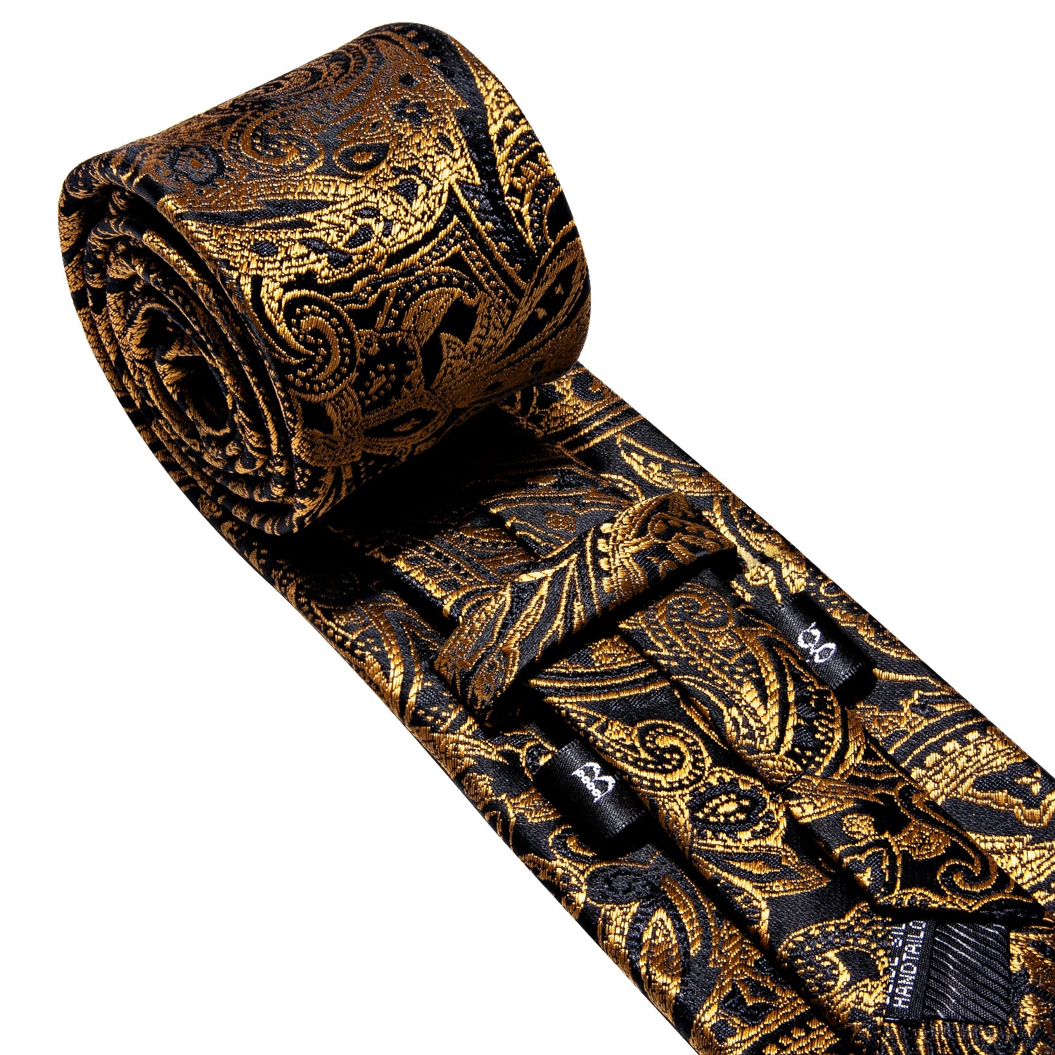 Gold Black Paisley Silk Tie Pocket Square Cufflinks Set