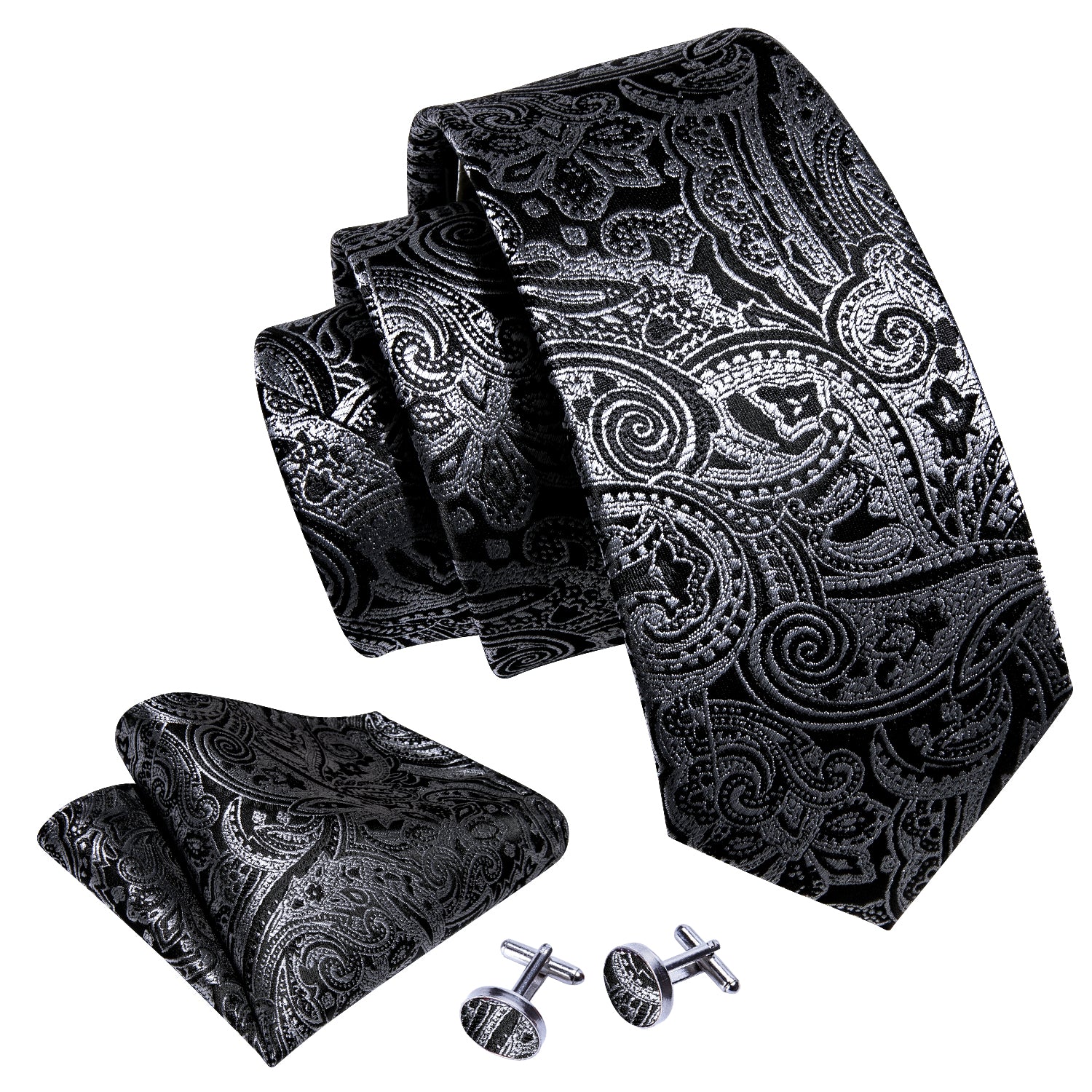 Black Silver Paisley Silk Tie Pocket Square Cufflinks Set