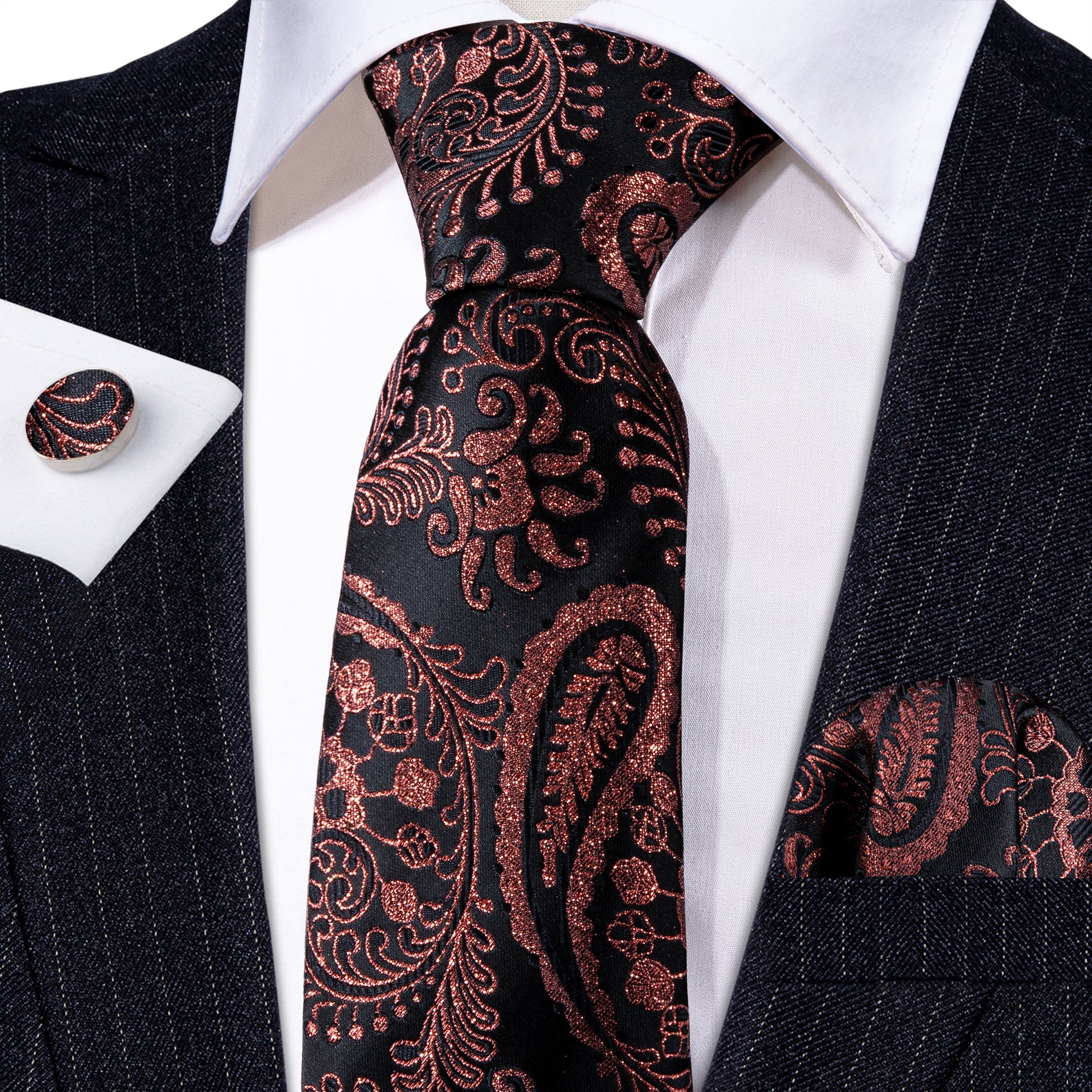 Red Brown Black Paisley Silk Tie Handkerchief Cufflinks Set