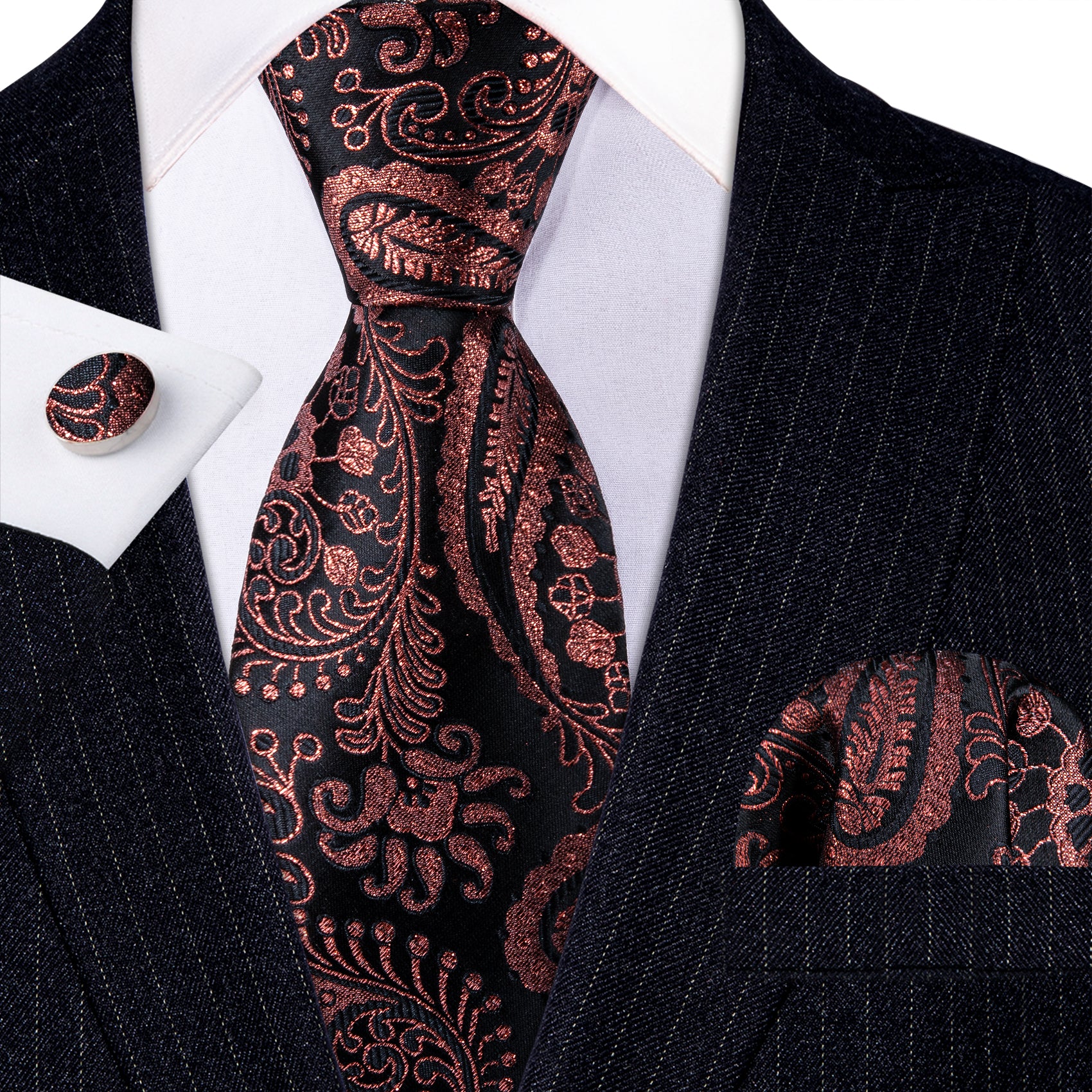 Red Brown Black Paisley Silk Tie Handkerchief Cufflinks Set