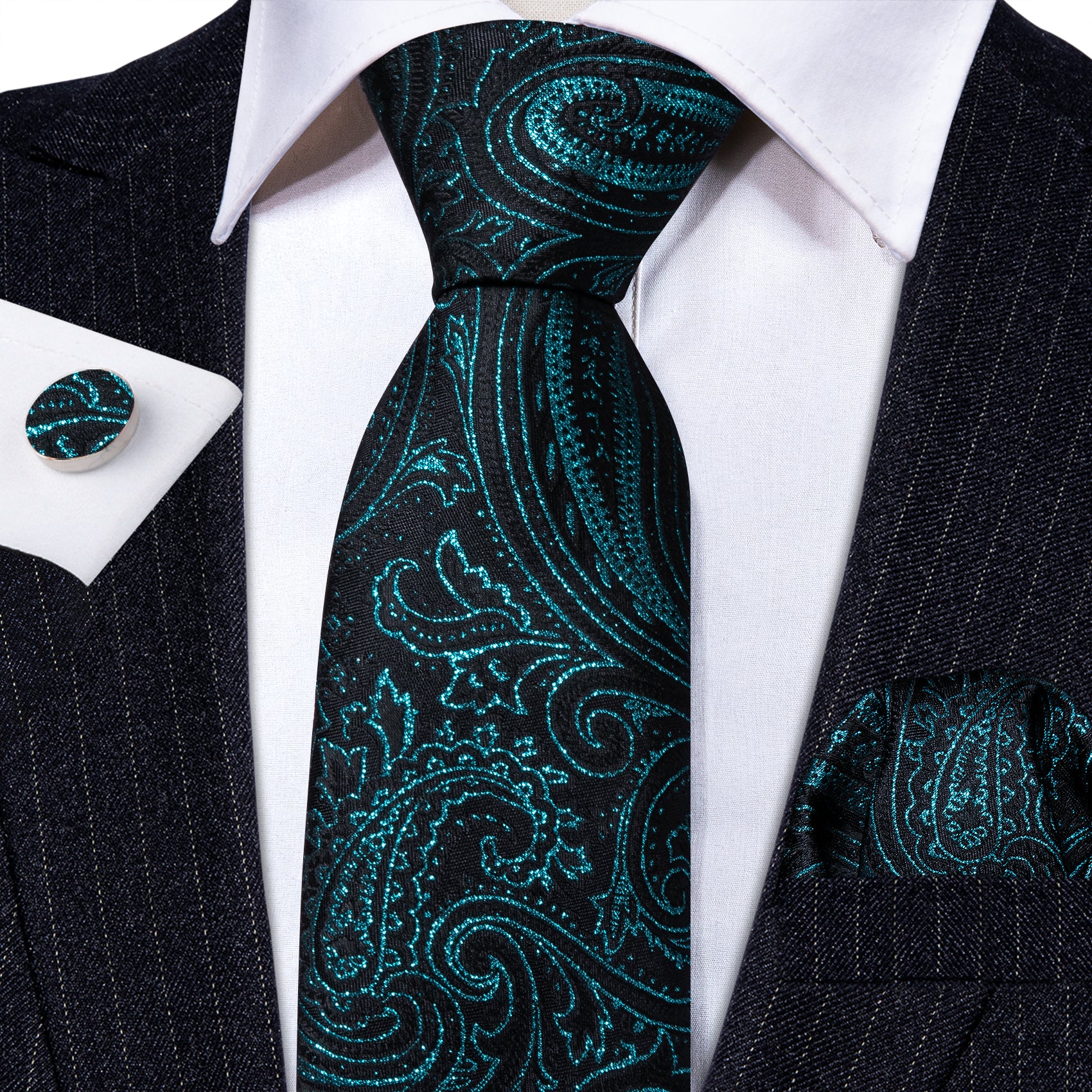 Barry Wang Black Tie Deep Green Paisley Silk Tie Handkerchief Cufflinks Set