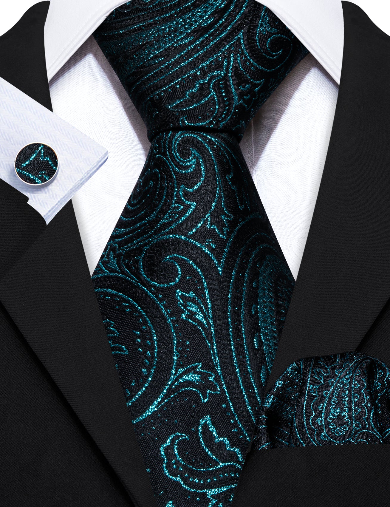 Deep Green Paisley Silk Tie Handkerchief Cufflinks Set