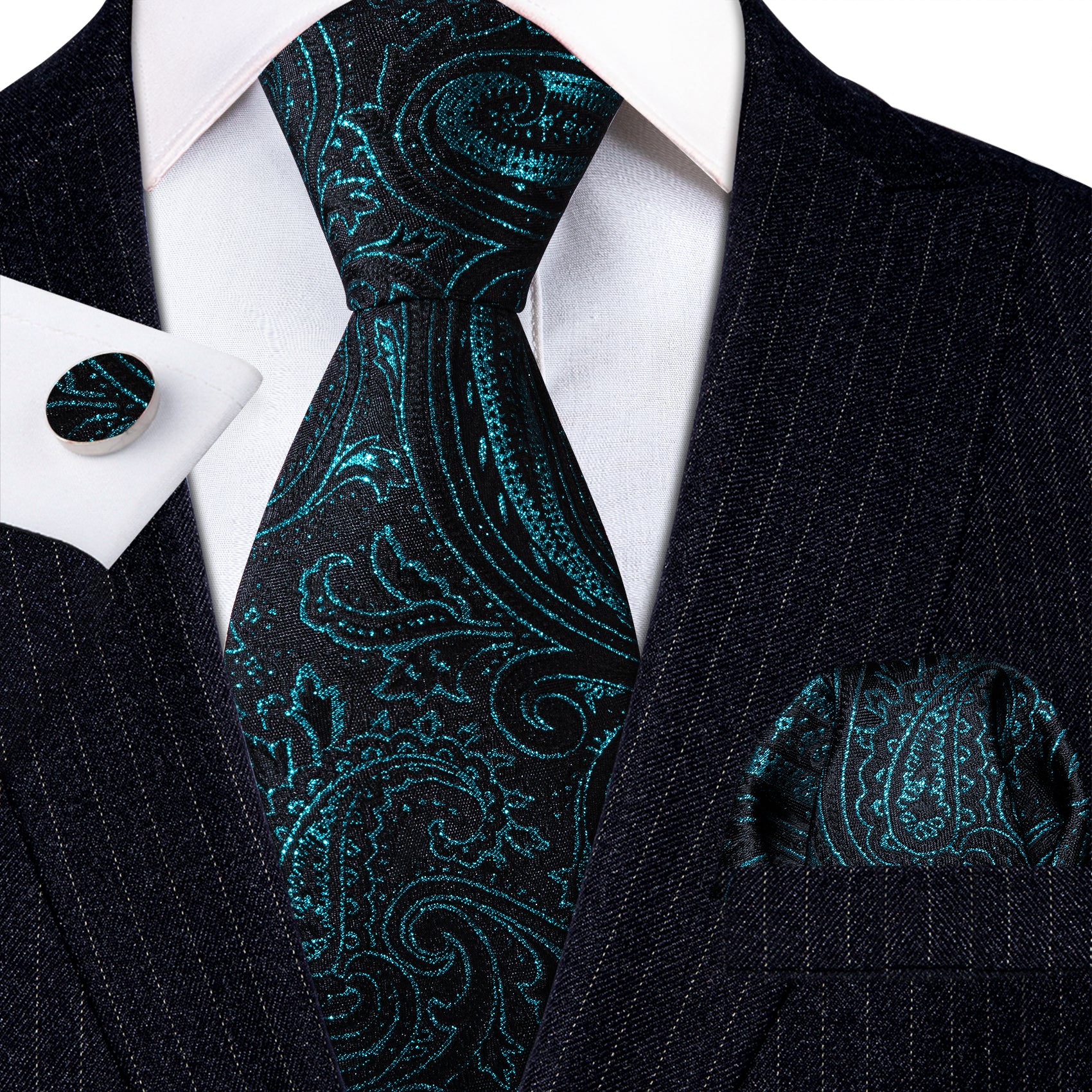 Deep Green Paisley Silk Tie Handkerchief Cufflinks Set