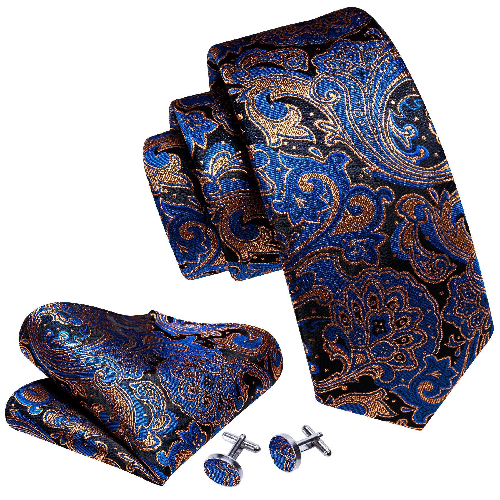 New Blue Gold Paisley Silk Tie Handkerchief Cufflinks Set
