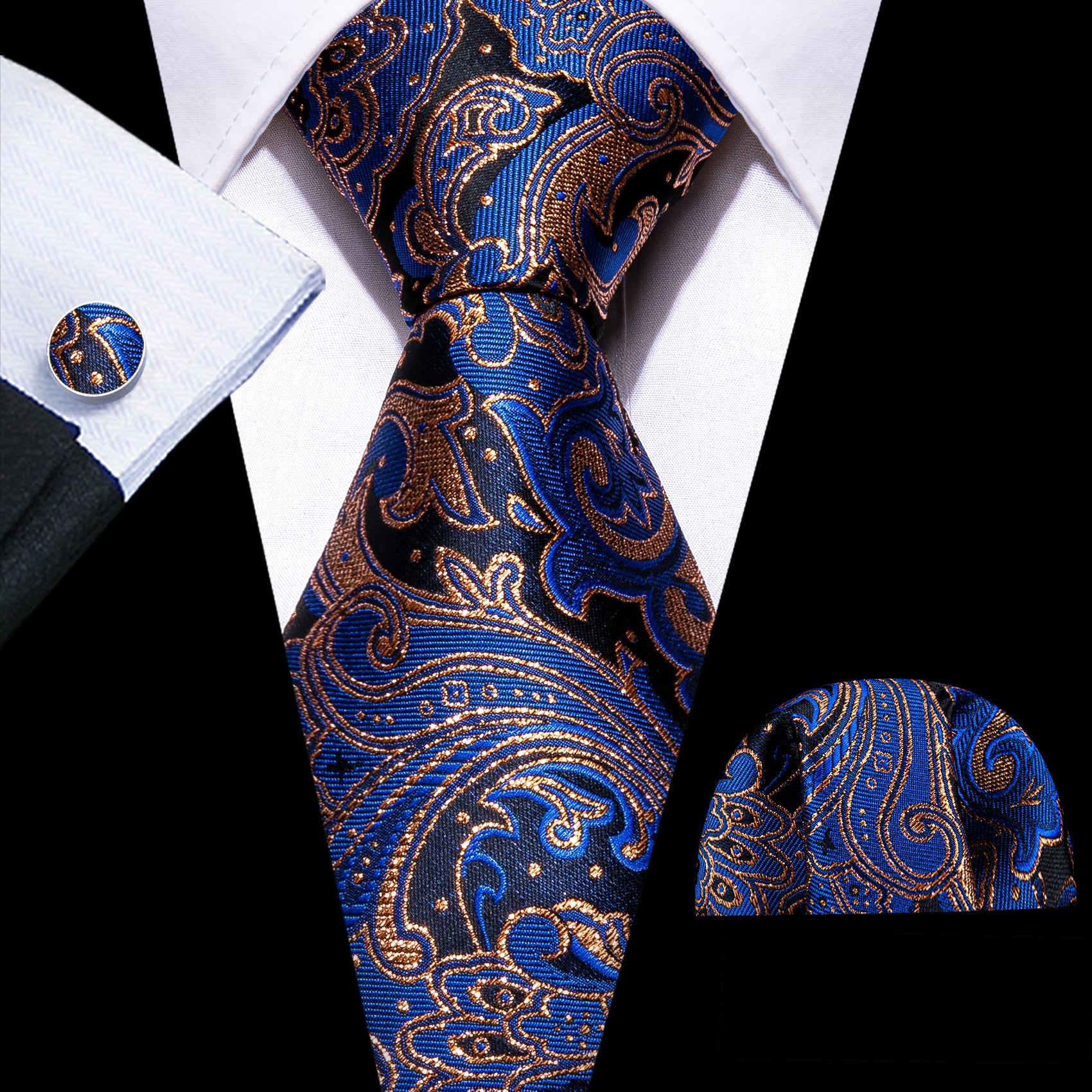 New Blue Gold Paisley Silk Tie Handkerchief Cufflinks Set