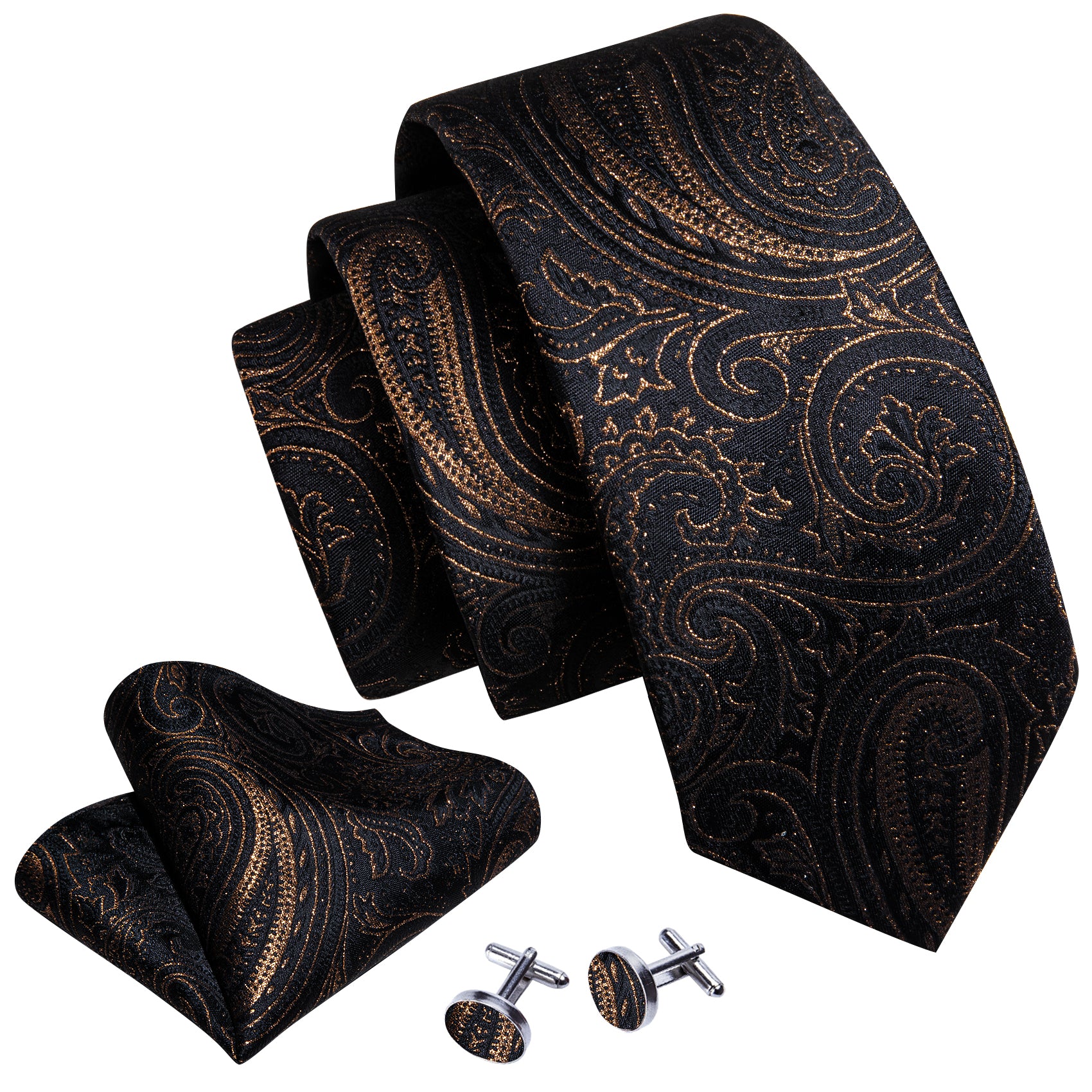 Classic Black Paisley Silk Tie Handkerchief Cufflinks Set
