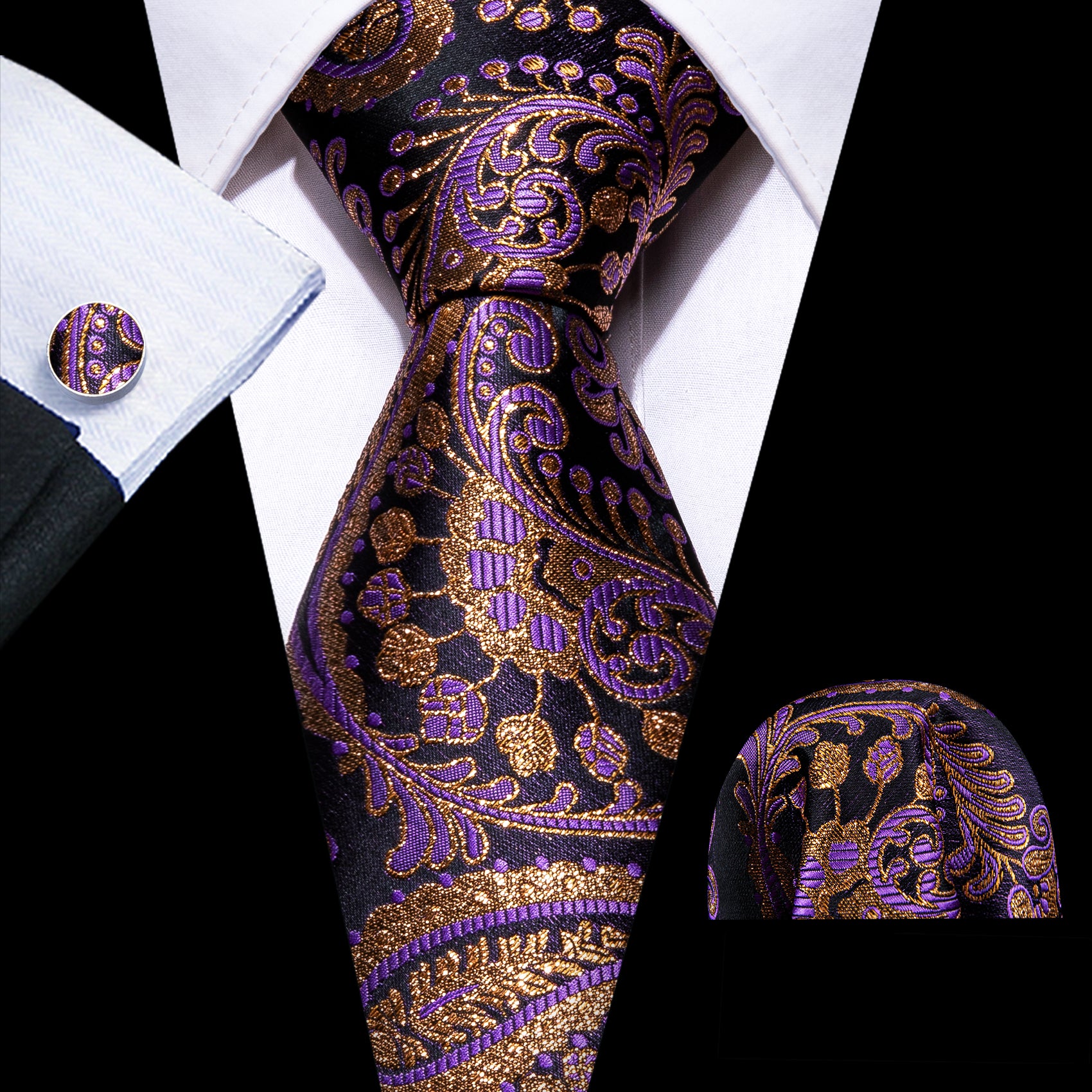 Purple Gold Paisley Silk Tie Handkerchief Cufflinks Set