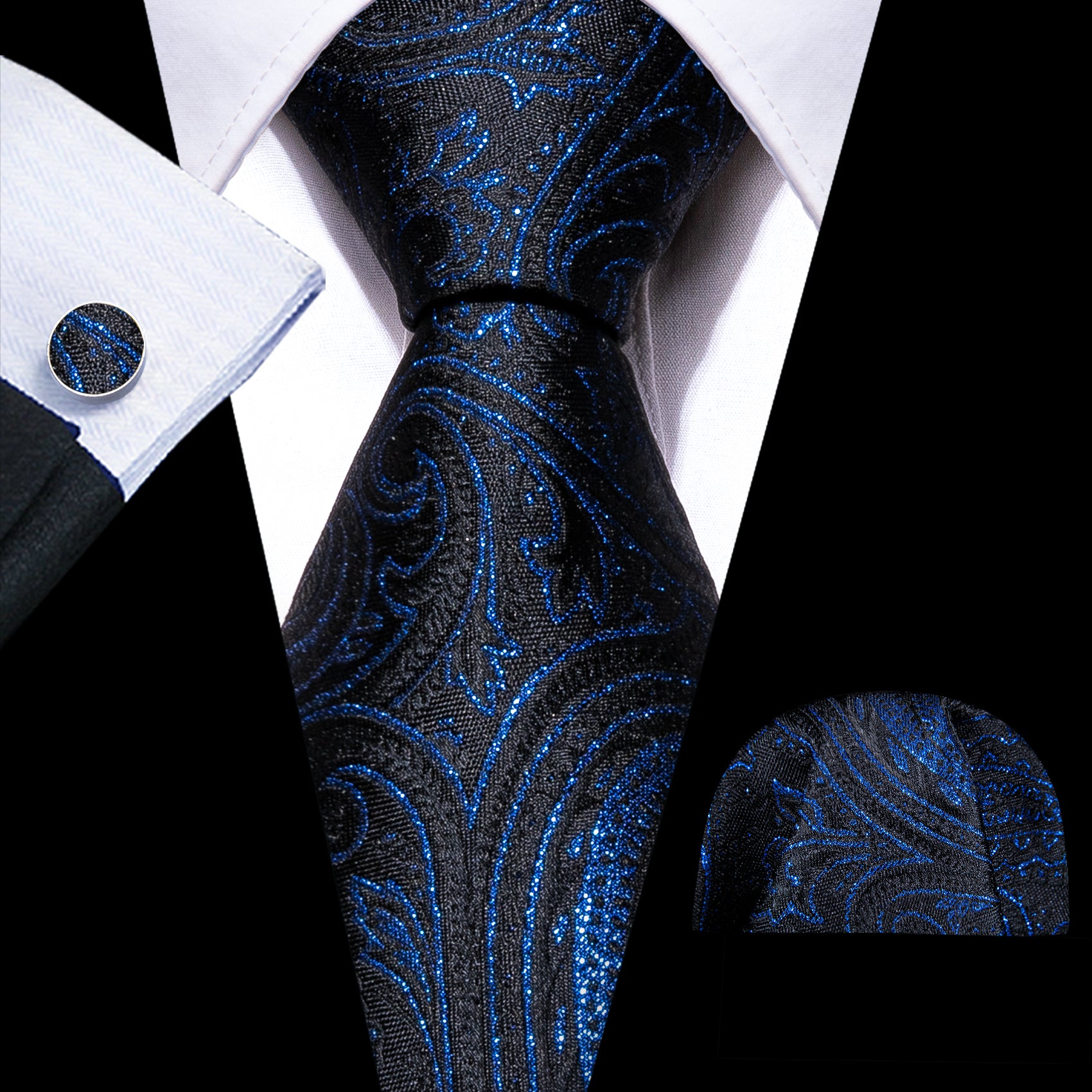 Blue Black Paisley Silk Tie Handkerchief Cufflinks Set