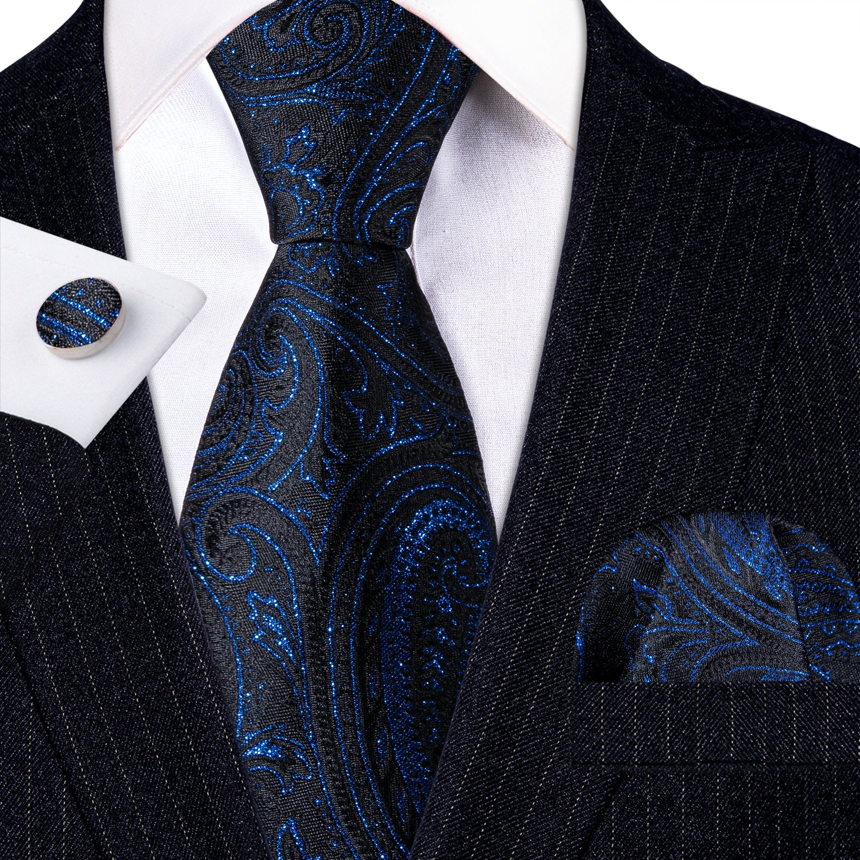Blue Black Paisley Silk Tie Handkerchief Cufflinks Set