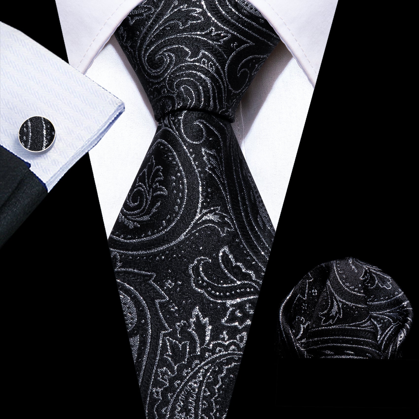 Black White Paisley Silk Tie Hanky Cufflinks Set