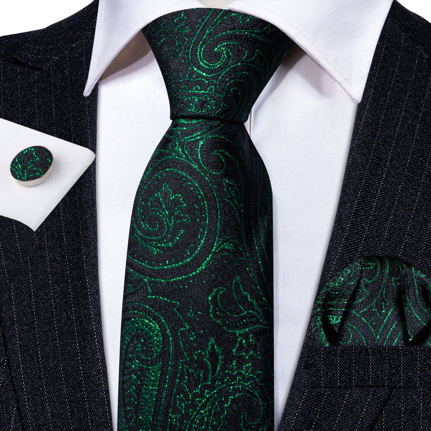 Green Paisley Silk Tie Hanky Cufflinks Set
