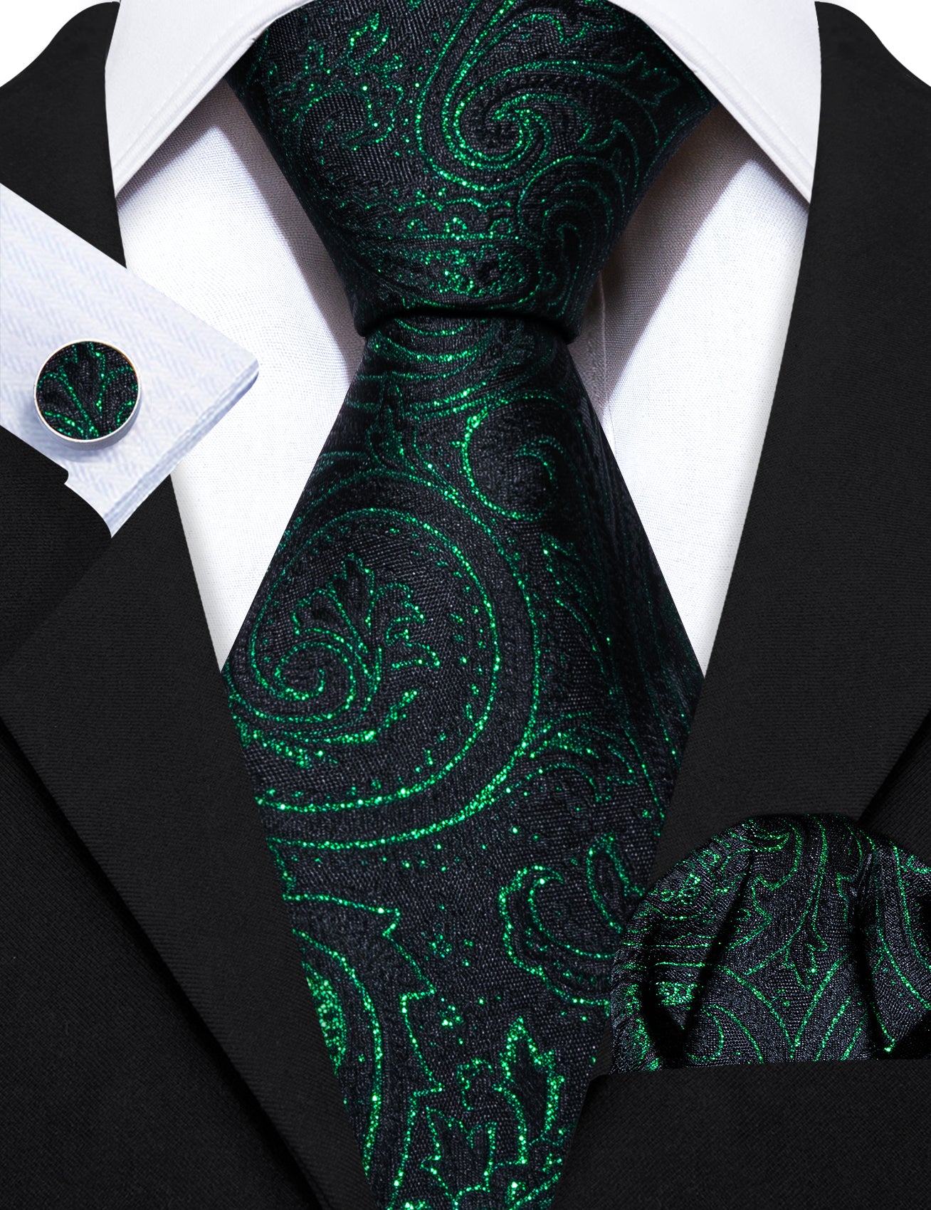 Black Tie Paisley Silk Tie Hanky Cufflinks Set for Men