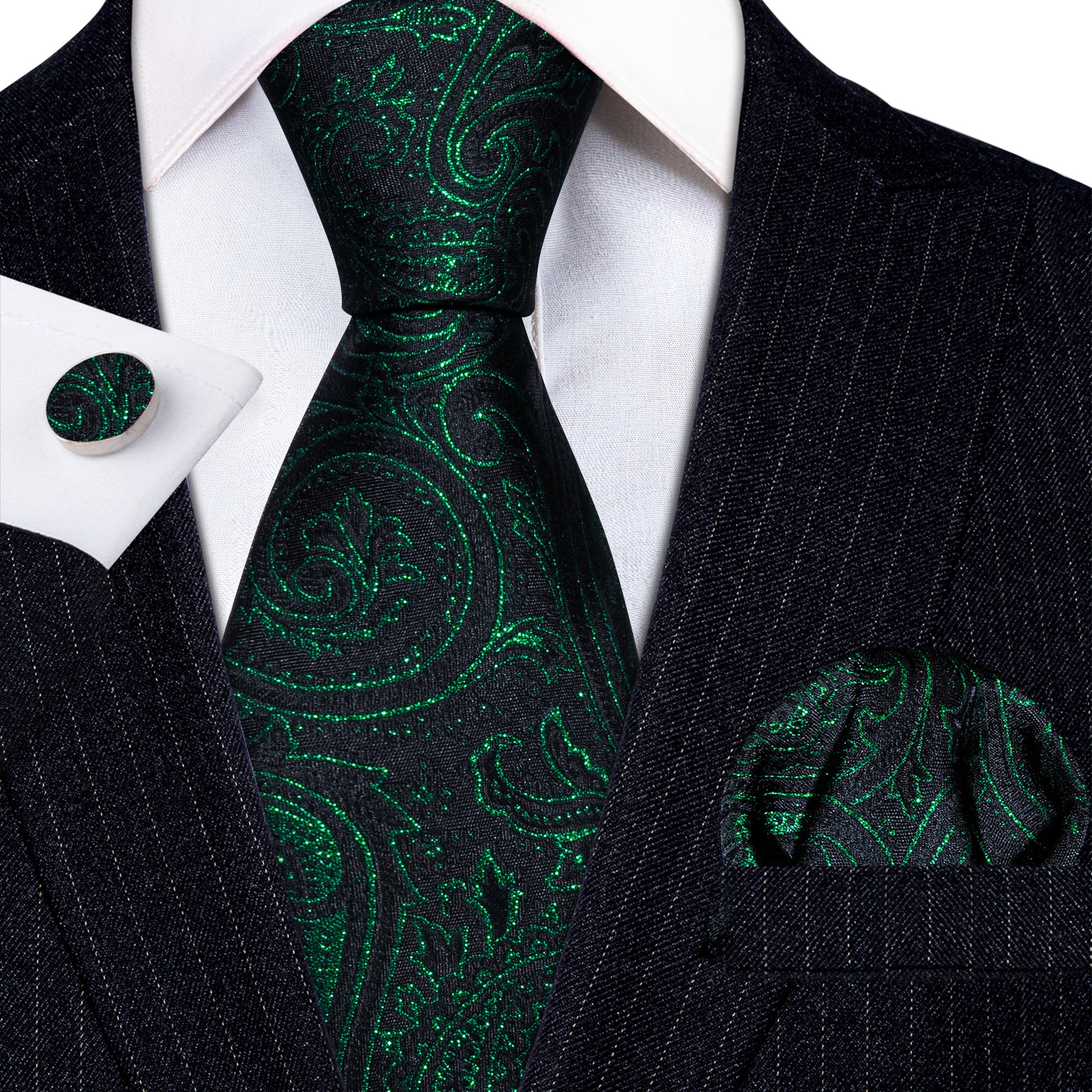 Green Paisley Silk Tie Hanky Cufflinks Set