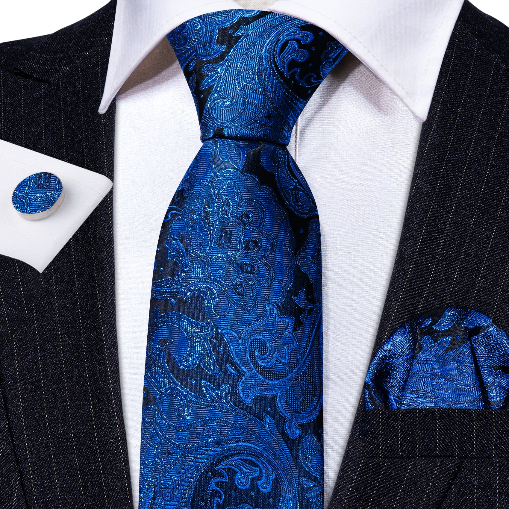 Blue Paisley Silk Tie Hanky Cufflinks Set