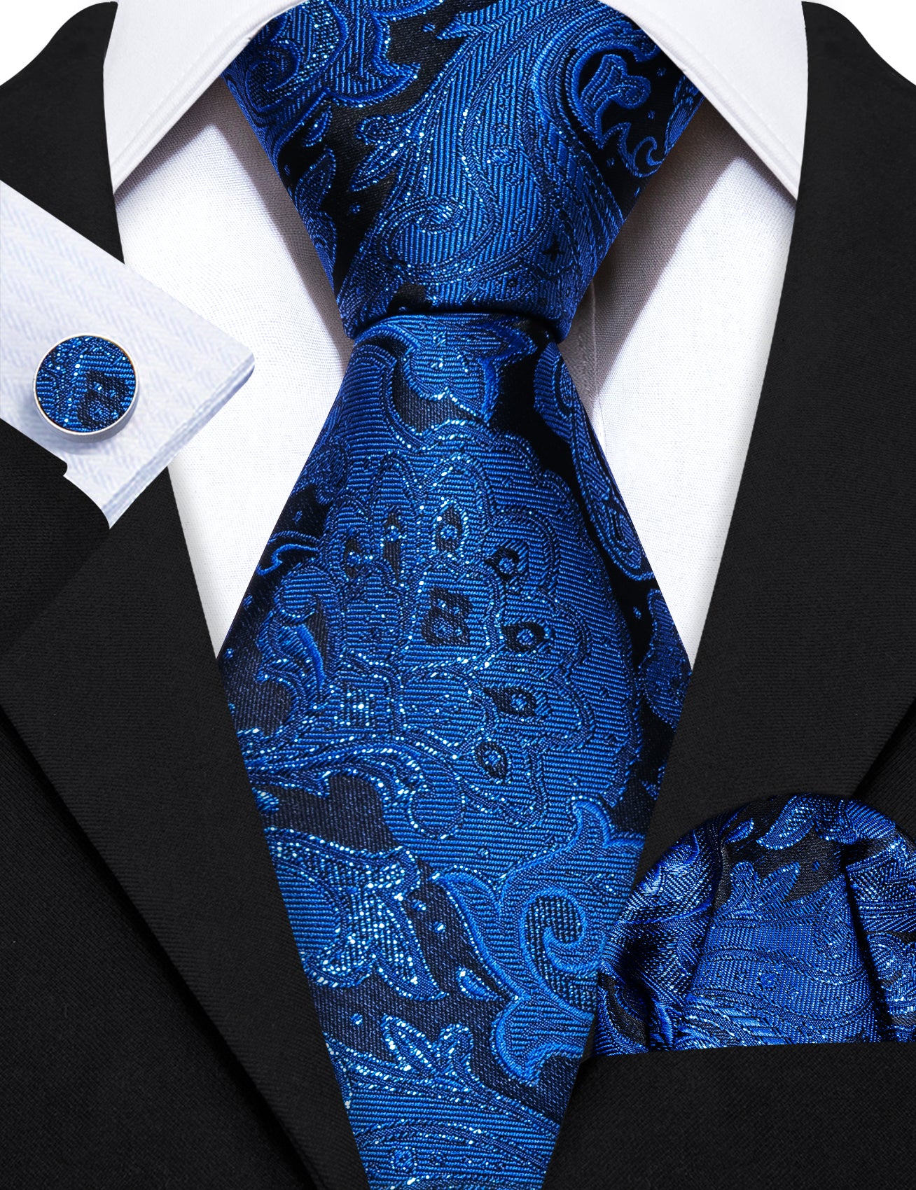 Blue Paisley Silk Tie Hanky Cufflinks Set