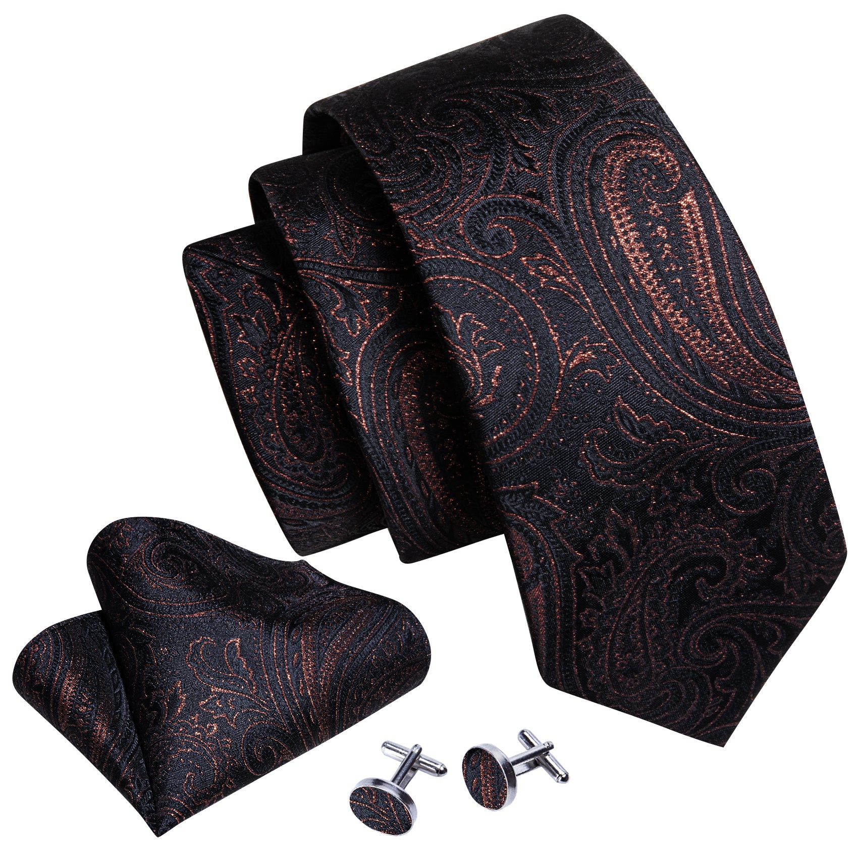 Fashion Black Floral Silk Tie Handkerchief Cufflinks Set