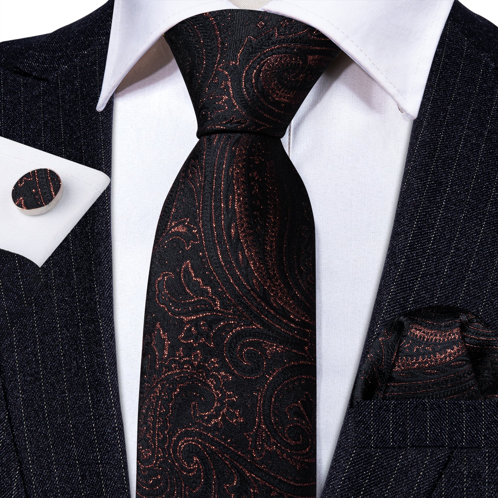 Fashion Black Floral Silk Tie Handkerchief Cufflinks Set