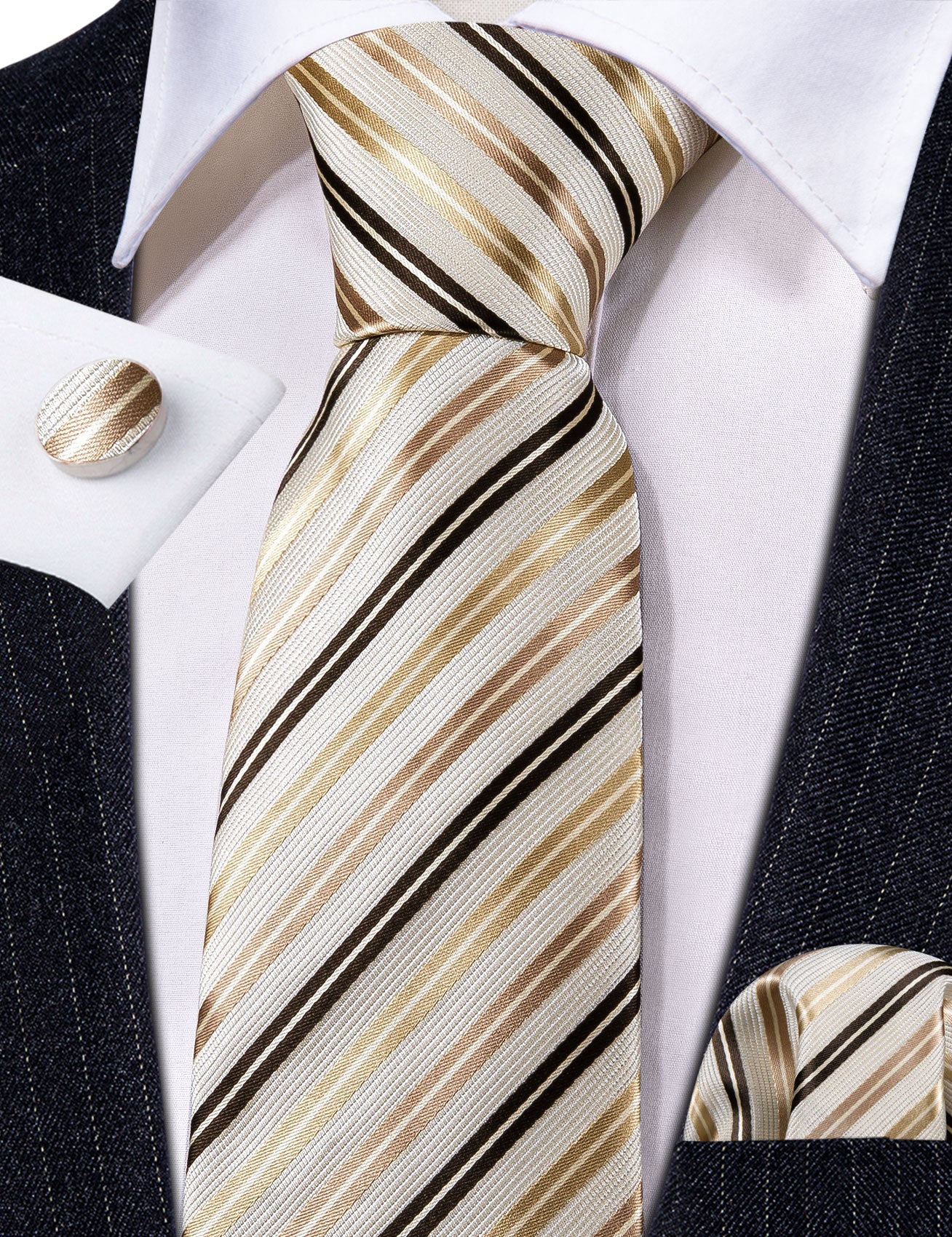White Gold Striped Silk Tie Handkerchief Cufflinks Set