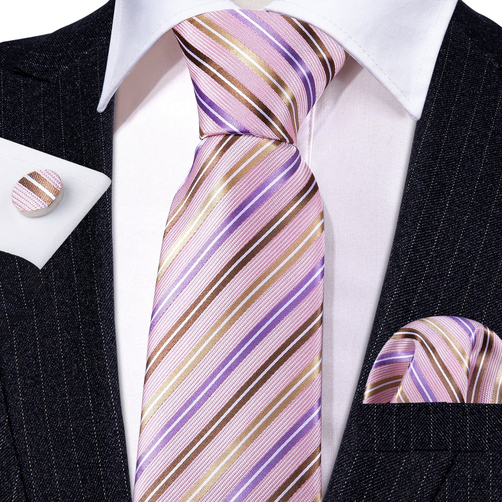 New Purple Pink Striped Silk Tie Handkerchief Cufflinks Set