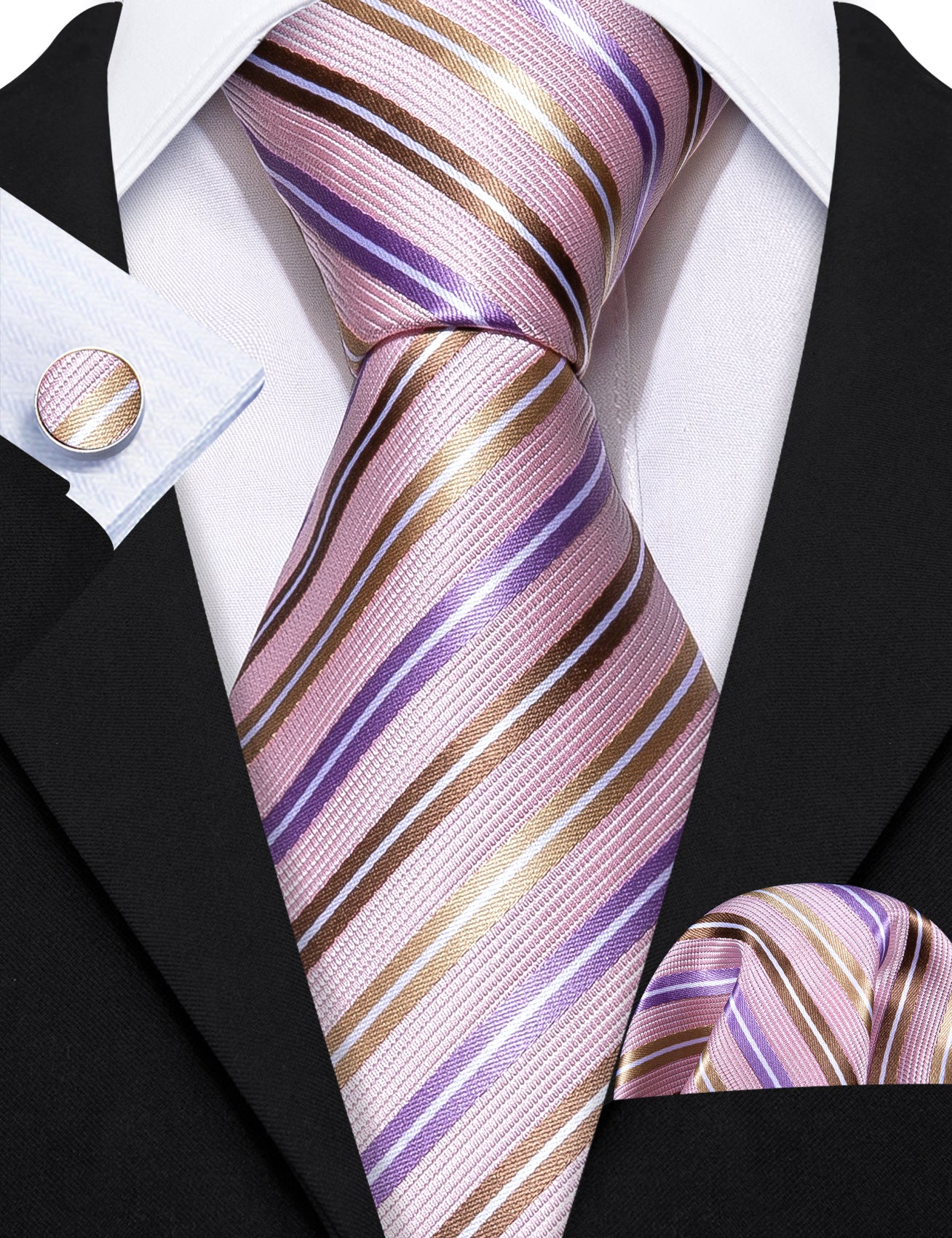 New Purple Pink Striped Silk Tie Handkerchief Cufflinks Set