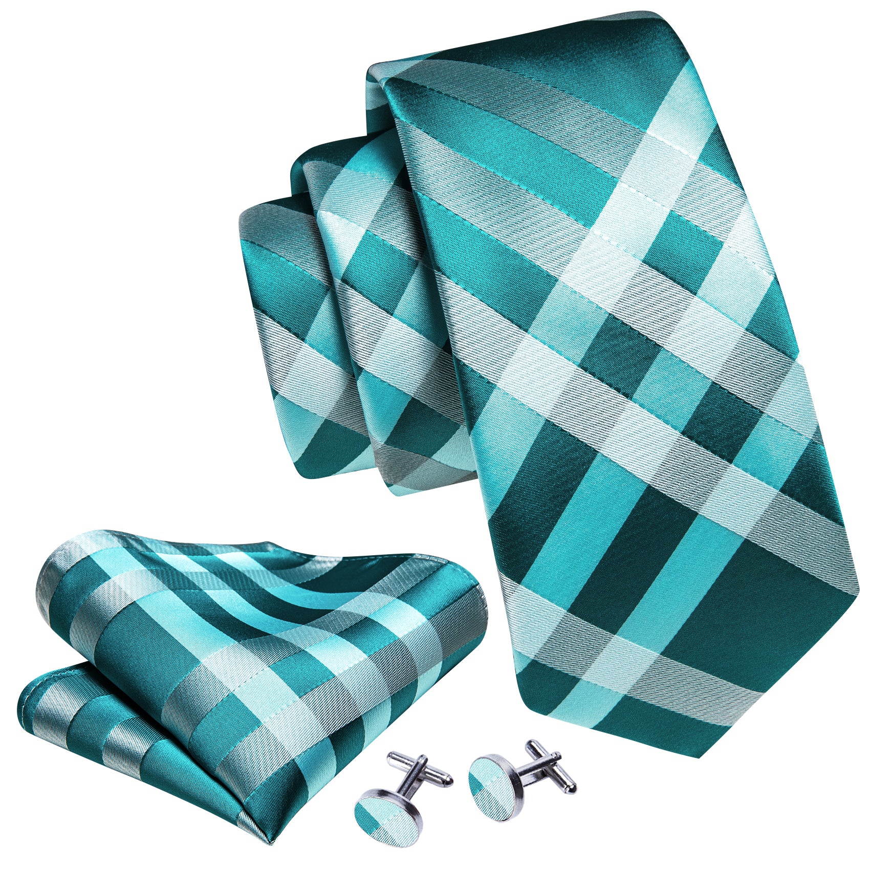 Blue White Plaid Novelty Silk Tie Handkerchief Cufflinks Set