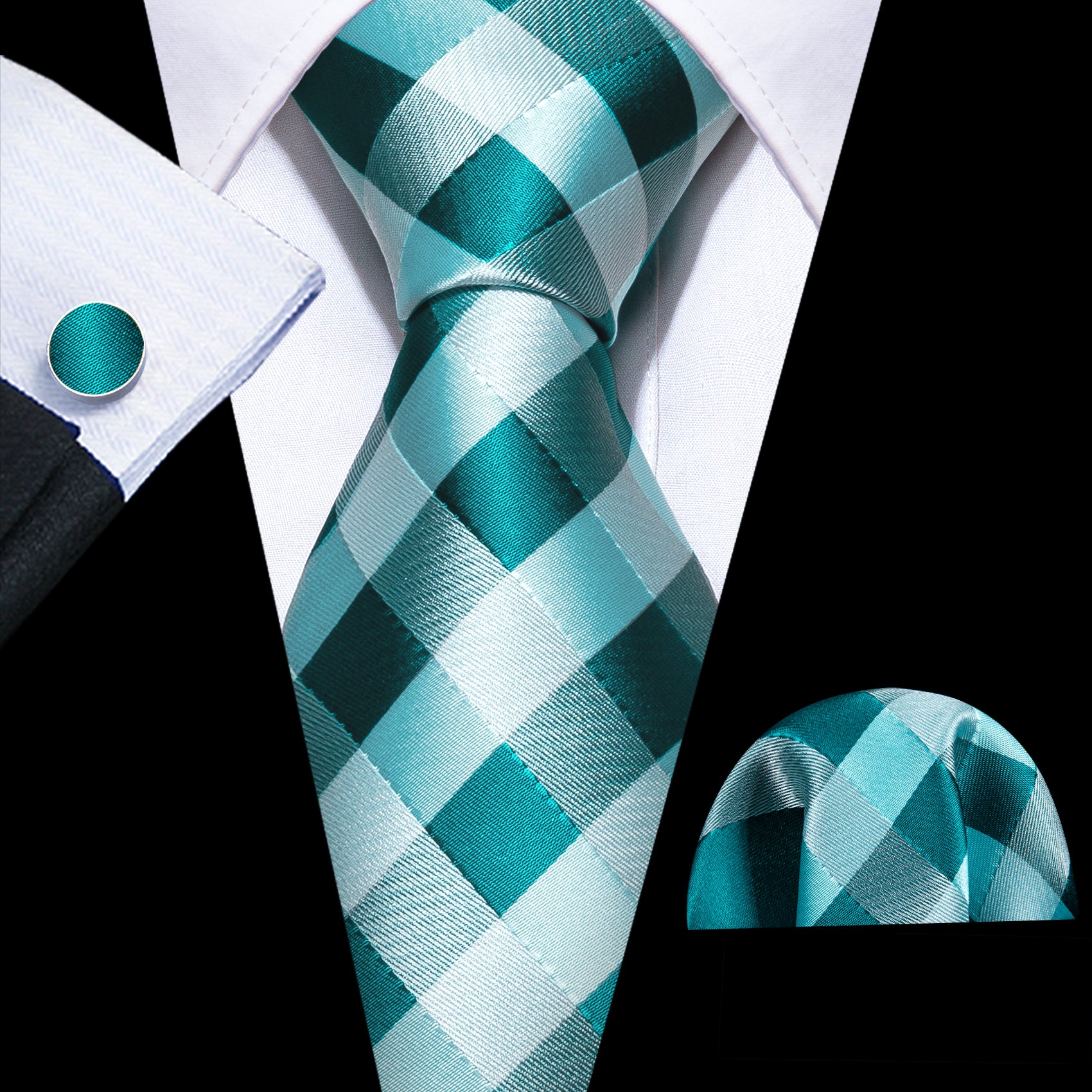 Barry wang teal green plaid checkered necktie for men's dress suit 