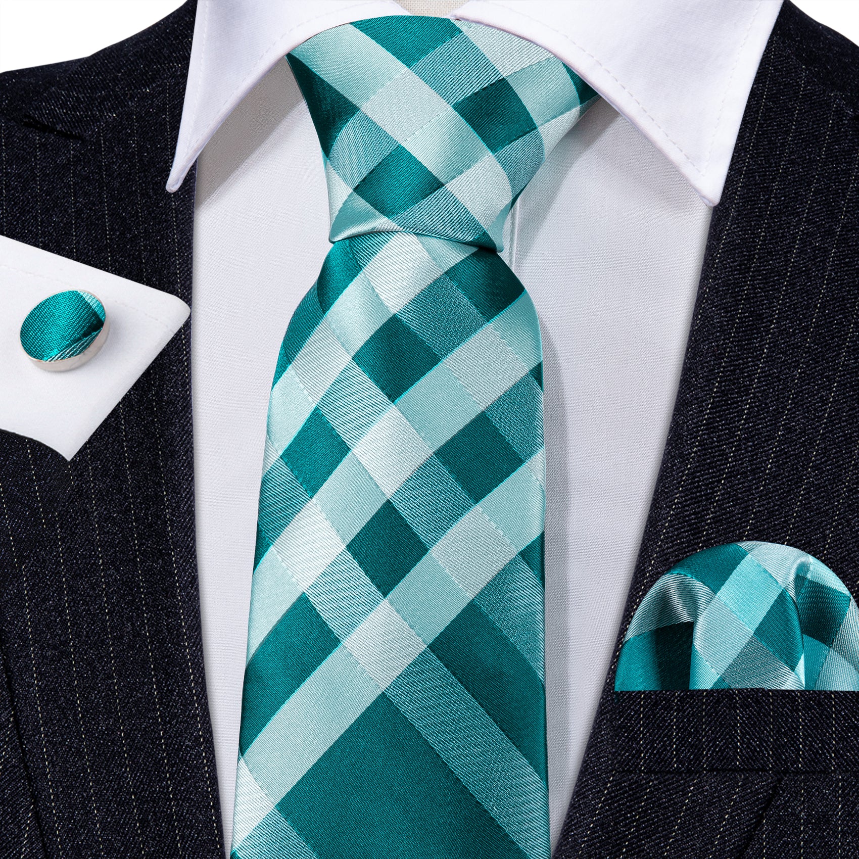 Blue White Plaid Novelty Silk Tie Handkerchief Cufflinks Set