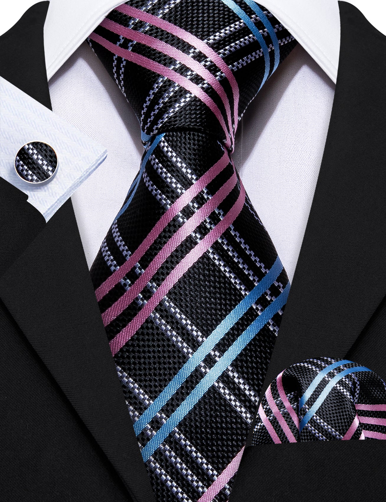 Black Pink Plaid Novelty Silk Tie Handkerchief Cufflinks Set