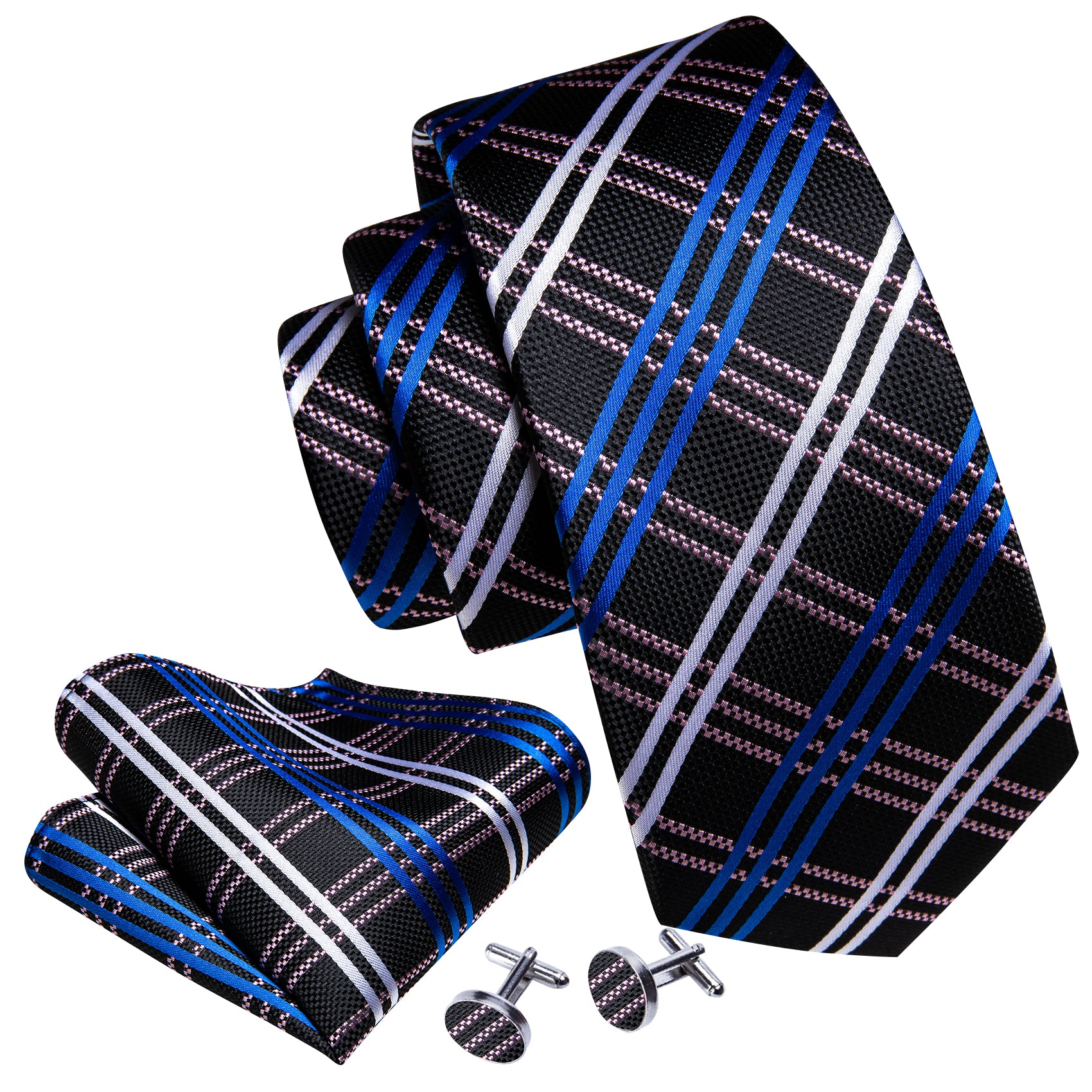 Blue Black Plaid Silk Tie Handkerchief Cufflinks Set