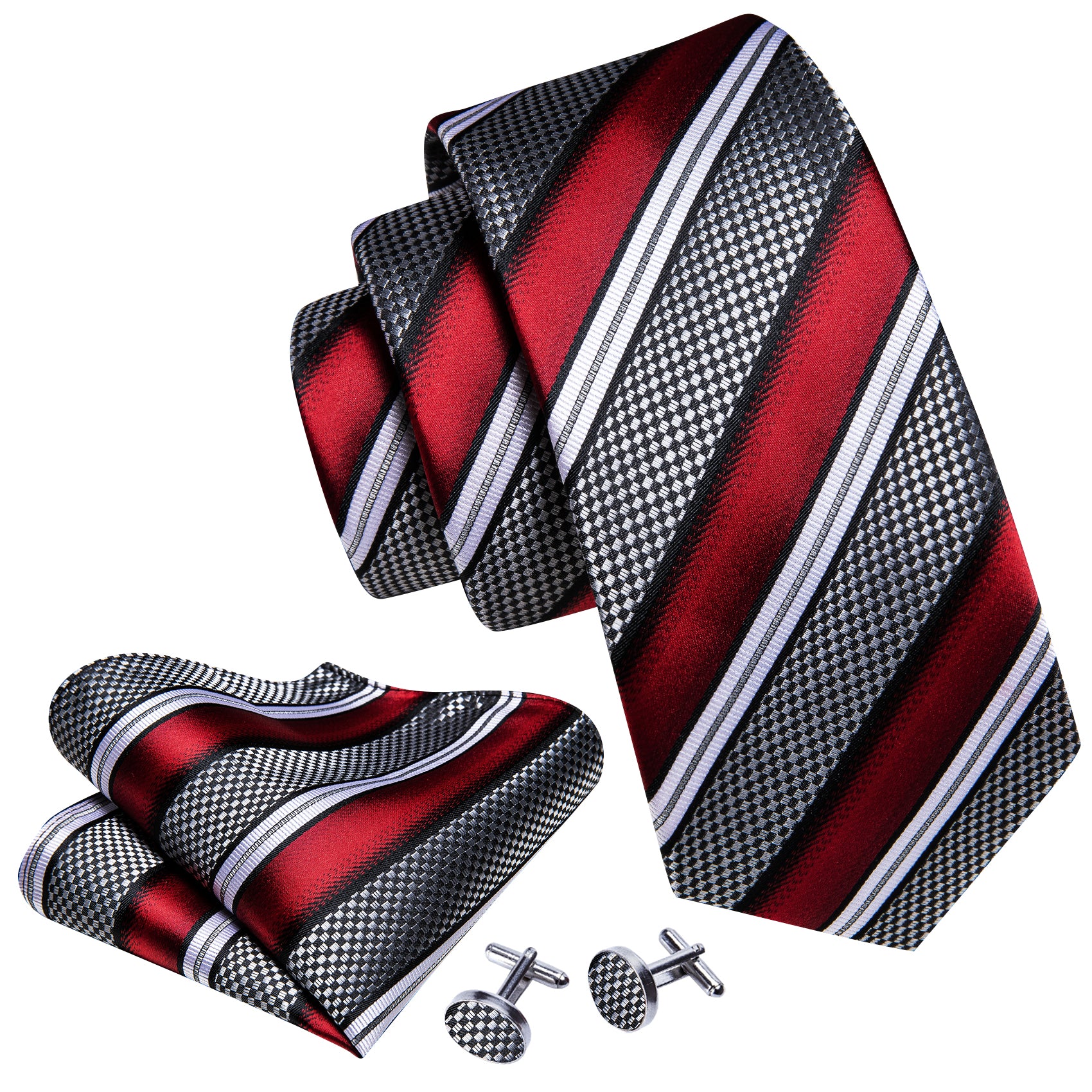 Barry.wang Red Tie Grey Striped Novelty Silk Men's Tie Hanky Cufflinks Set