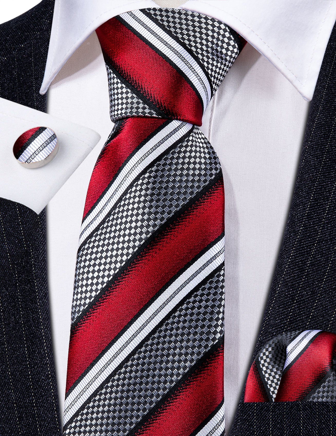 Barry.wang Red Tie Grey Striped Novelty Silk Men's Tie Hanky Cufflinks Set