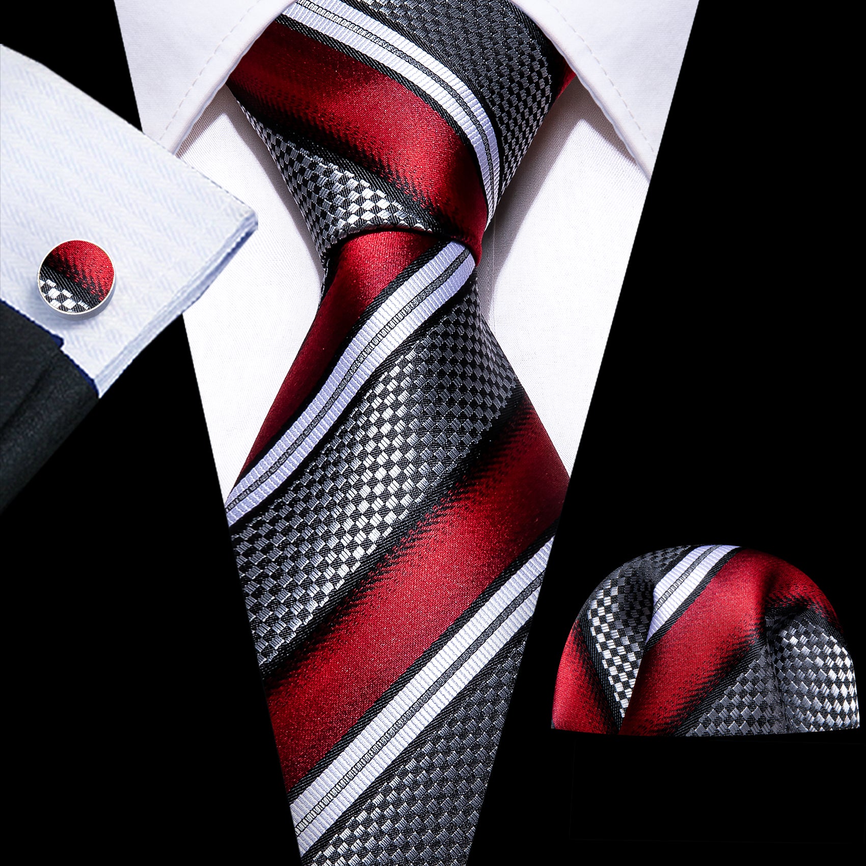 Grey Red Striped Novelty Silk Tie Handkerchief Cufflinks Set