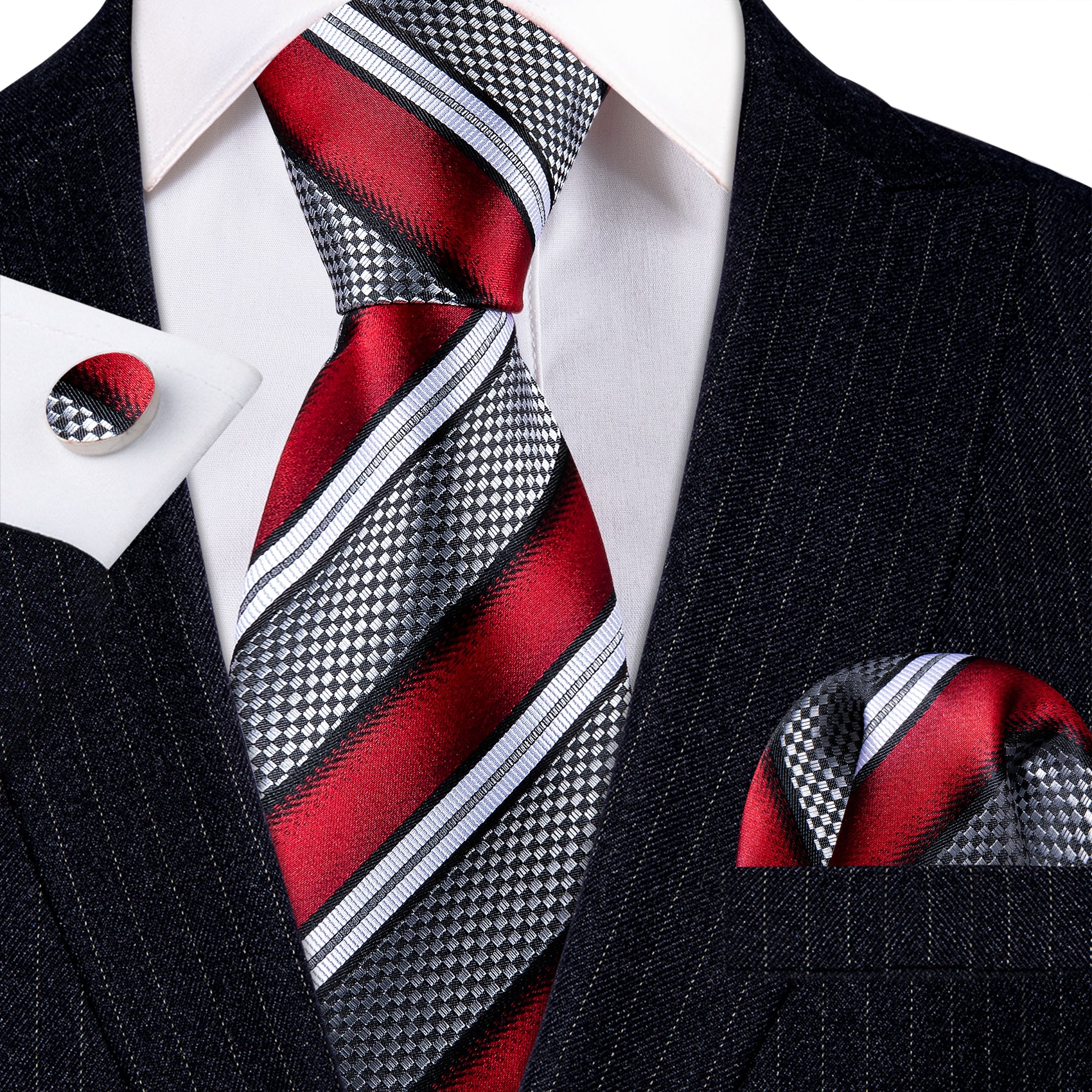 Grey Red Striped Novelty Silk Tie Handkerchief Cufflinks Set