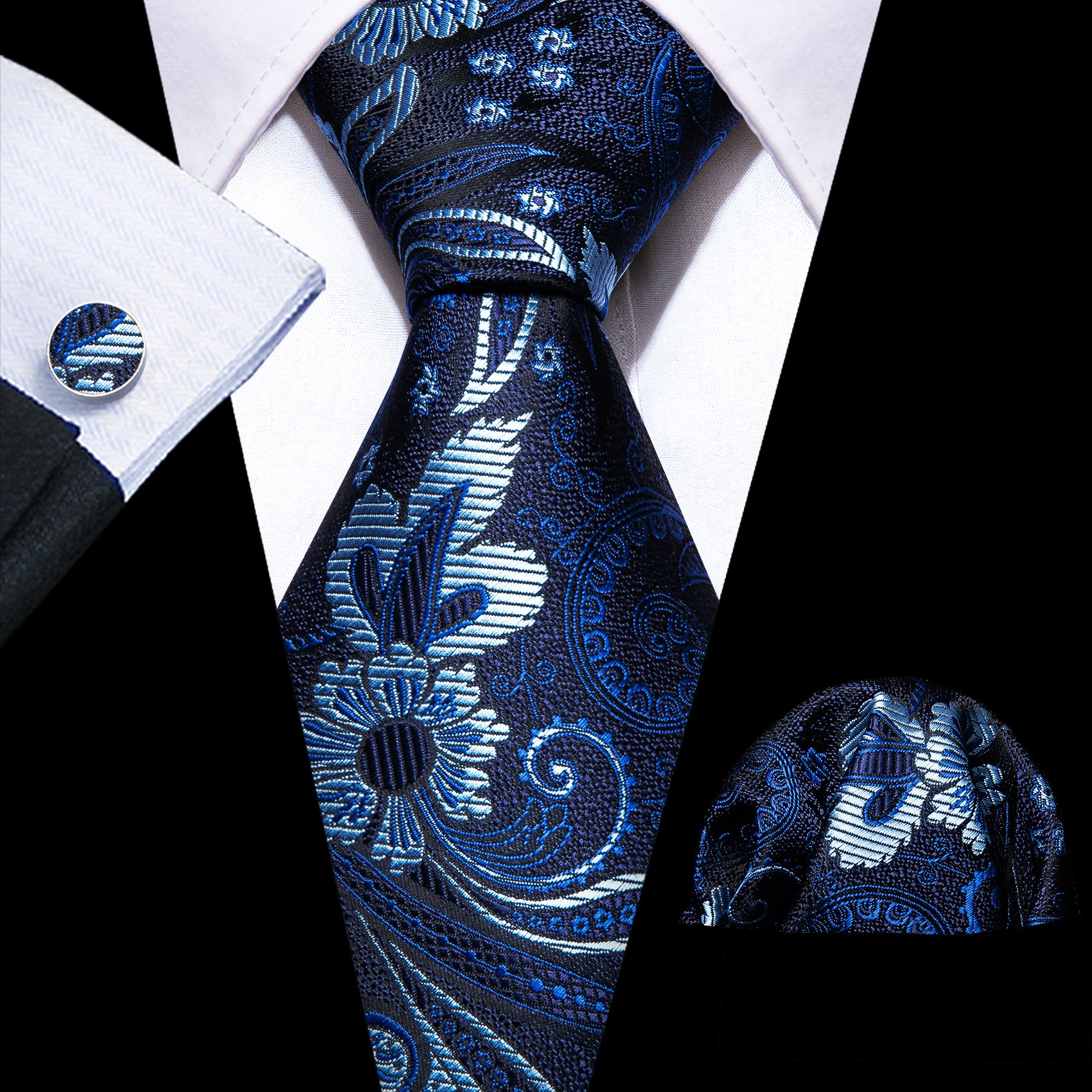 Blue Flower Paisley Silk Tie Handkerchief Cufflinks Set