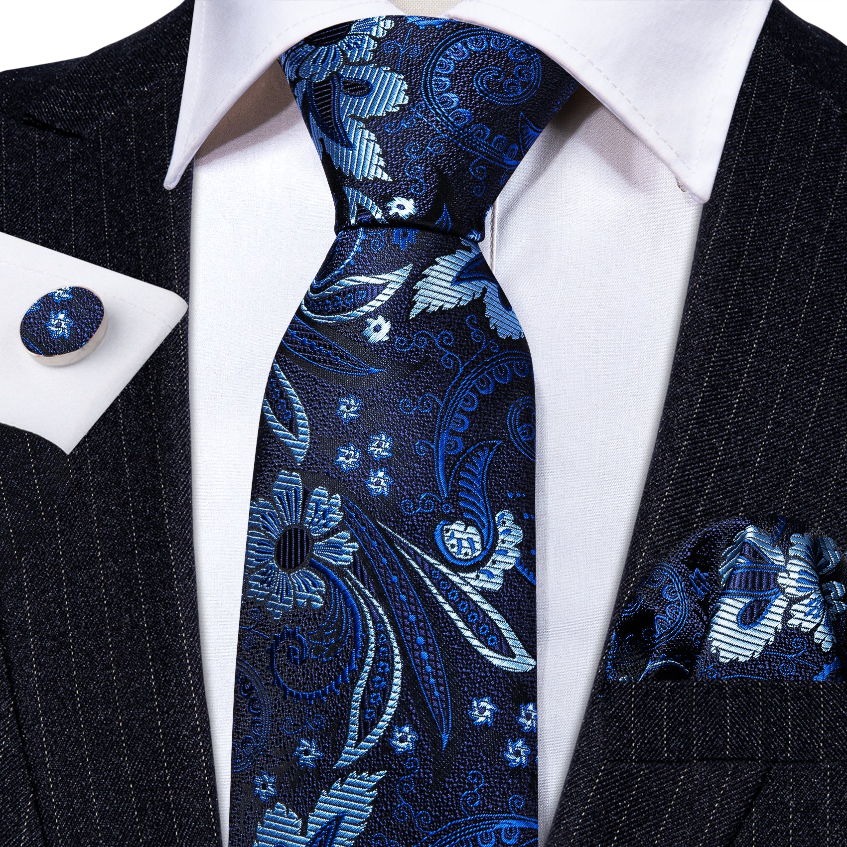 Blue Flower Paisley Silk Tie Handkerchief Cufflinks Set