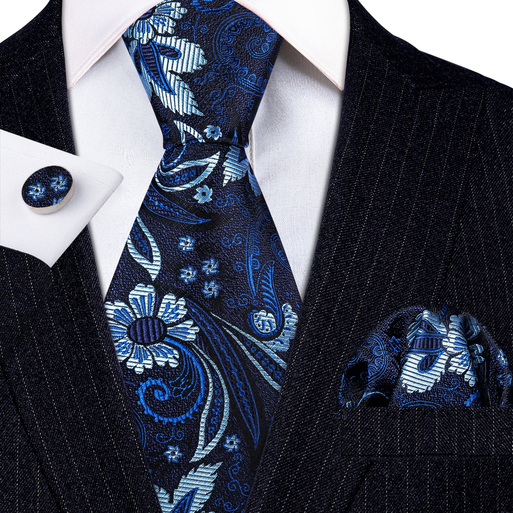 New Blue Flower Paisley Silk Tie Handkerchief Cufflinks Set