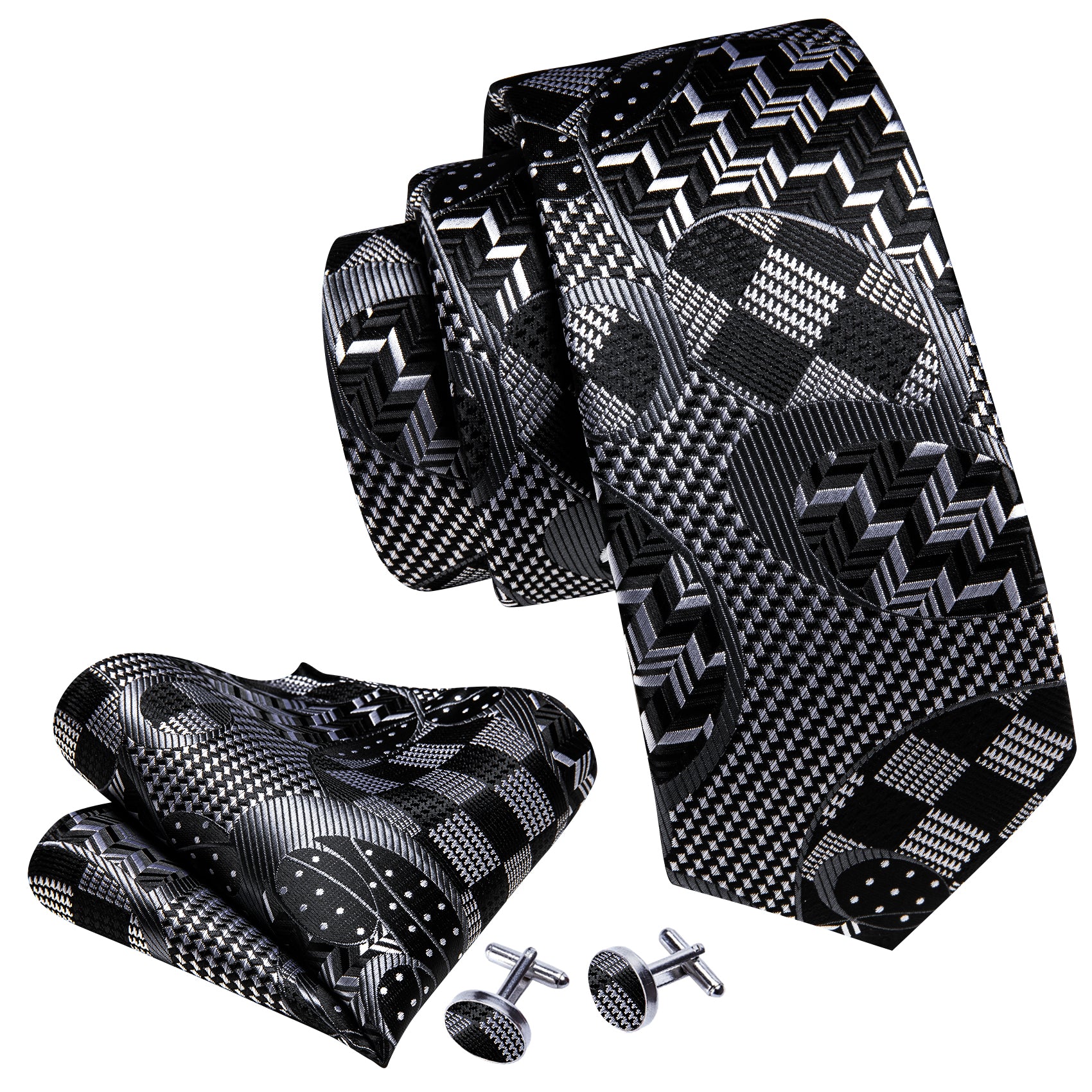 Black Grey Novelty Silk Tie Handkerchief Cufflinks Set
