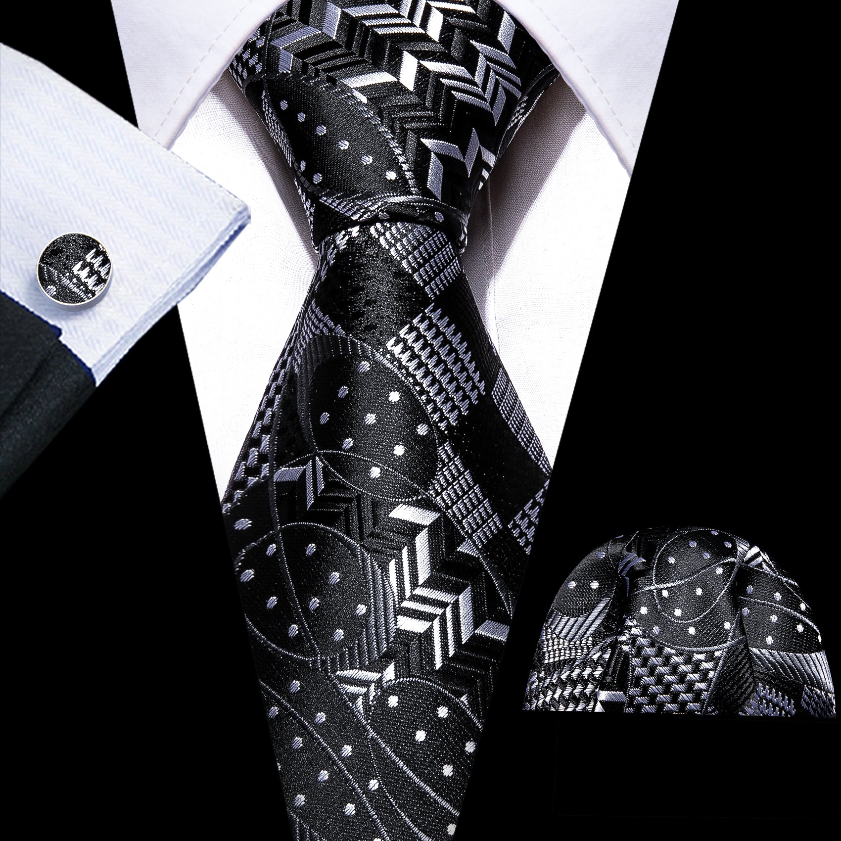 Black Grey Novelty Silk Tie Handkerchief Cufflinks Set