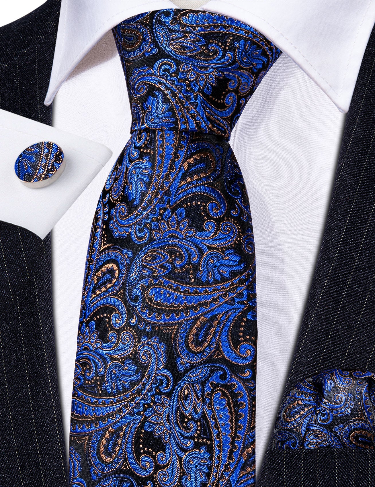 Classy Black Blue Paisley Silk Necktie Hanky Cufflinks Set