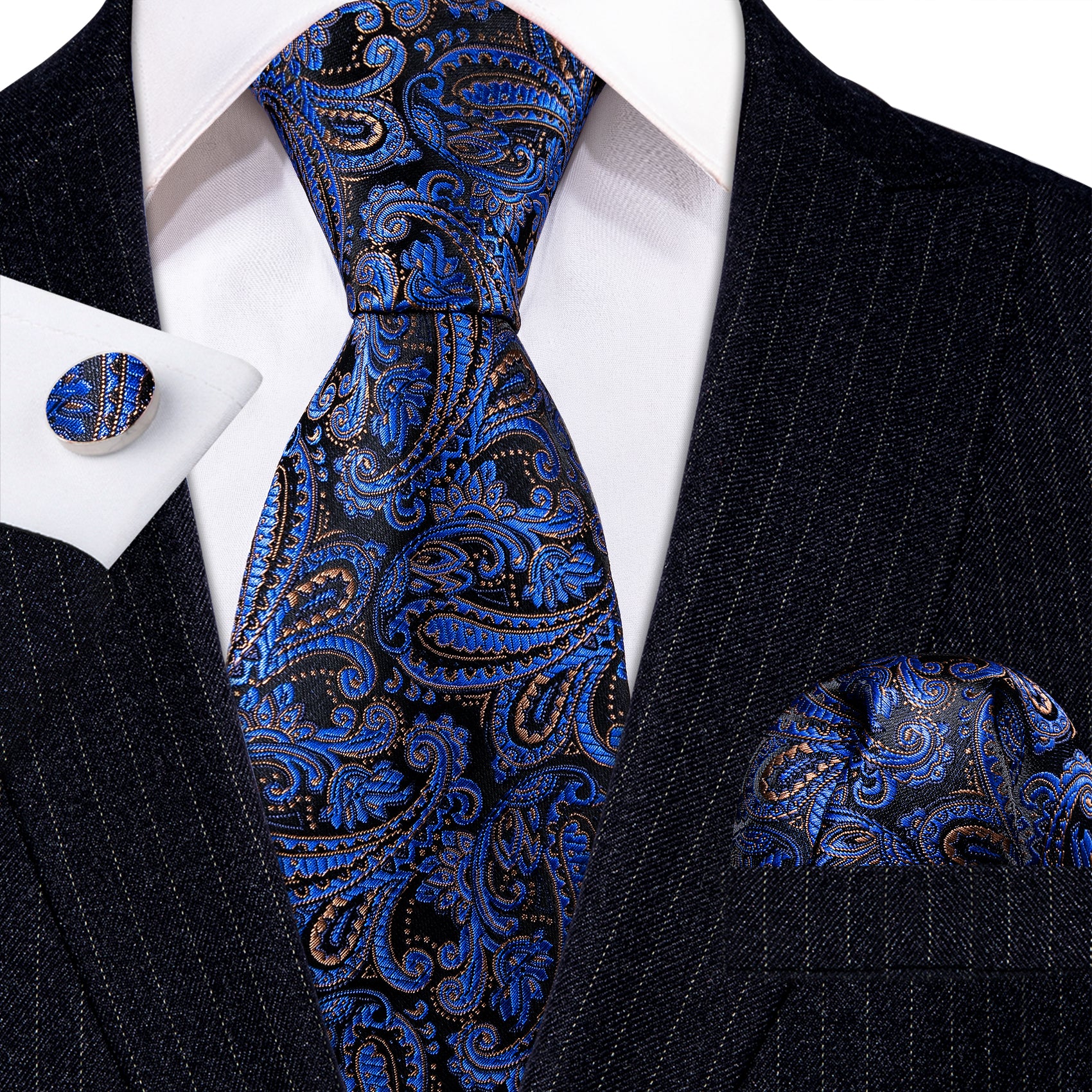 Classy Black Blue Paisley Silk Necktie Hanky Cufflinks Set