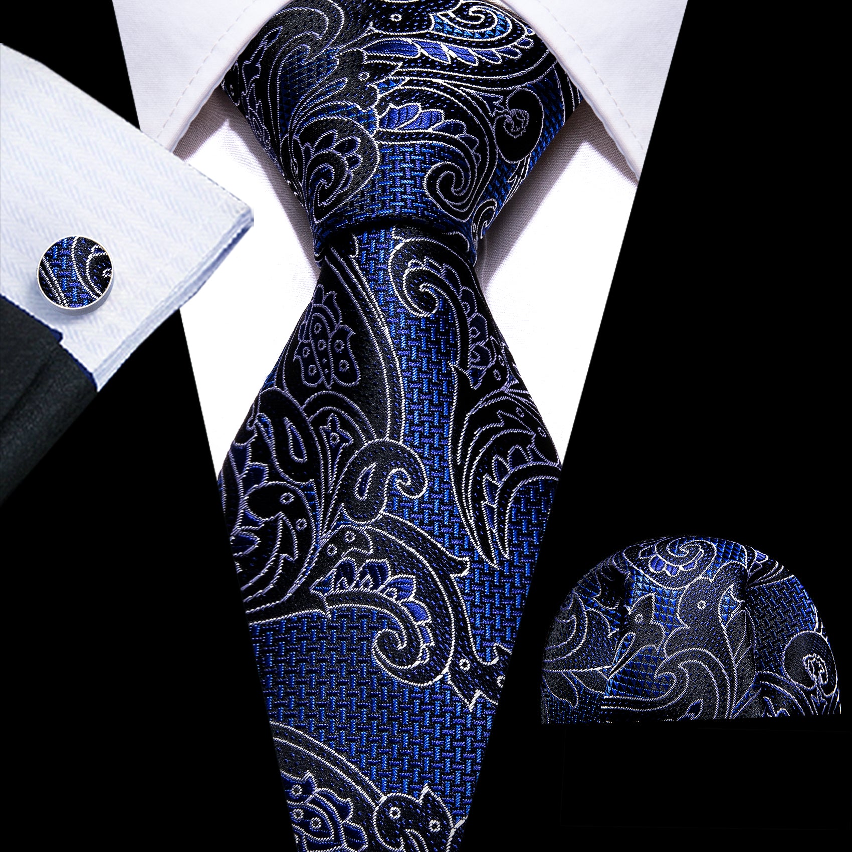 Blue Black Floral Paisley Silk Necktie Hanky Cufflinks Set