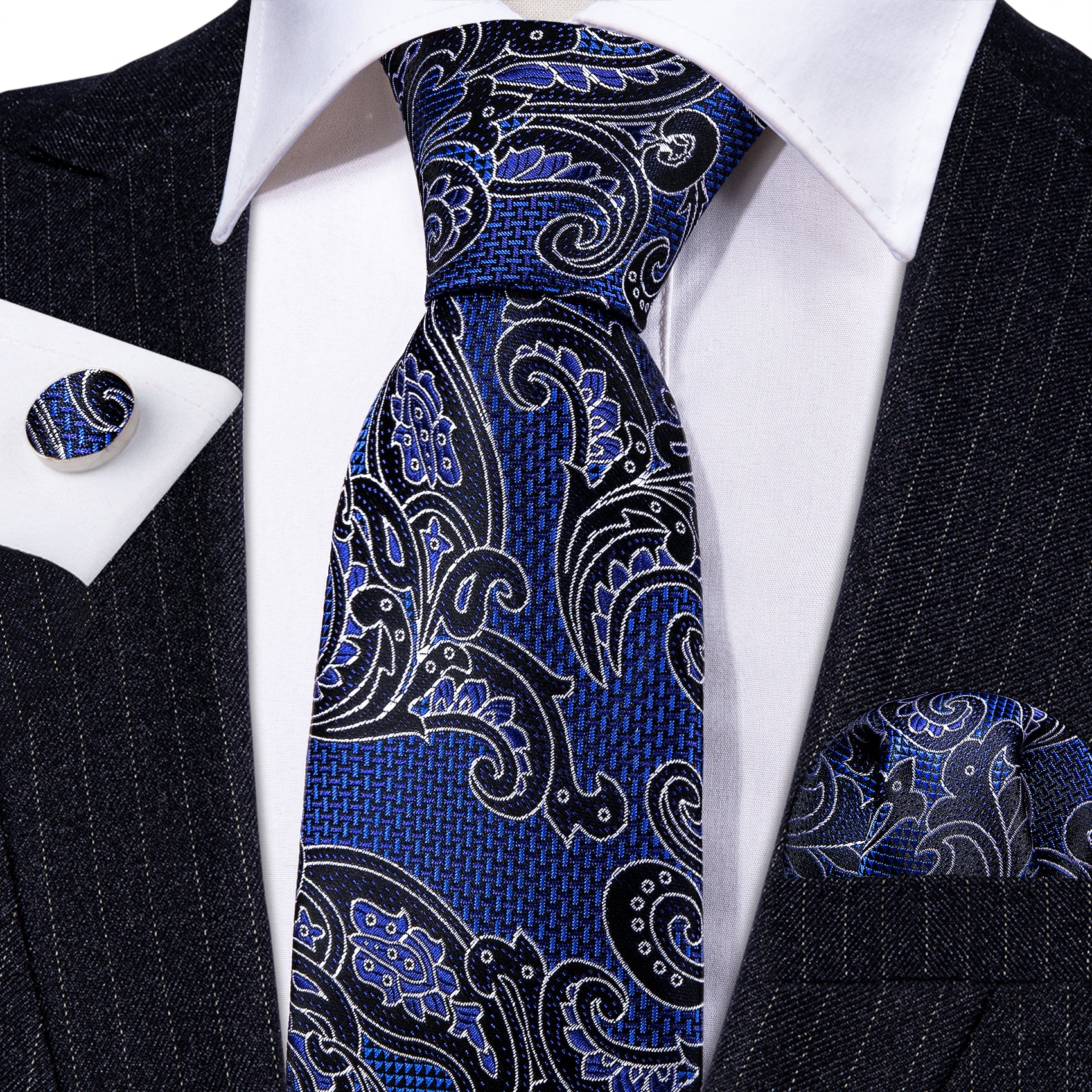 Blue Black Floral Paisley Silk Necktie Hanky Cufflinks Set