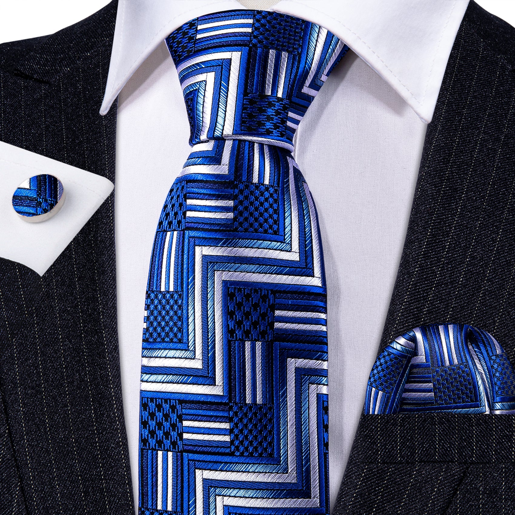 Blue White Novelty Silk Necktie Hanky Cufflinks Set