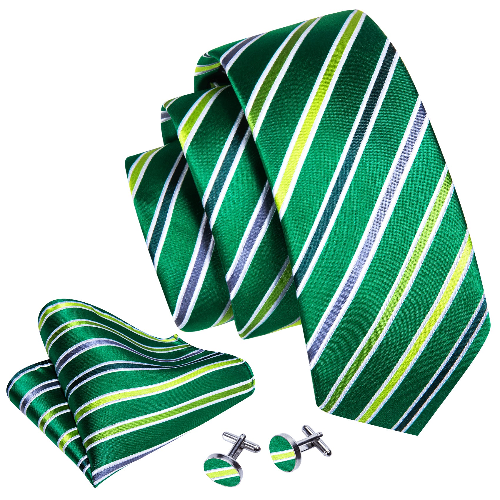 Grass Green Striped Silk Necktie Hanky Cufflinks Set