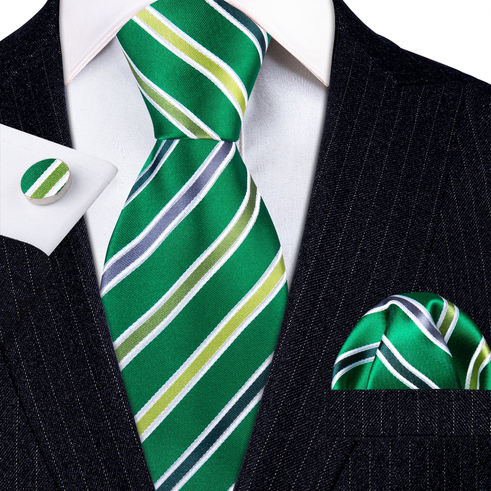 Grass Green Striped Silk Necktie Hanky Cufflinks Set