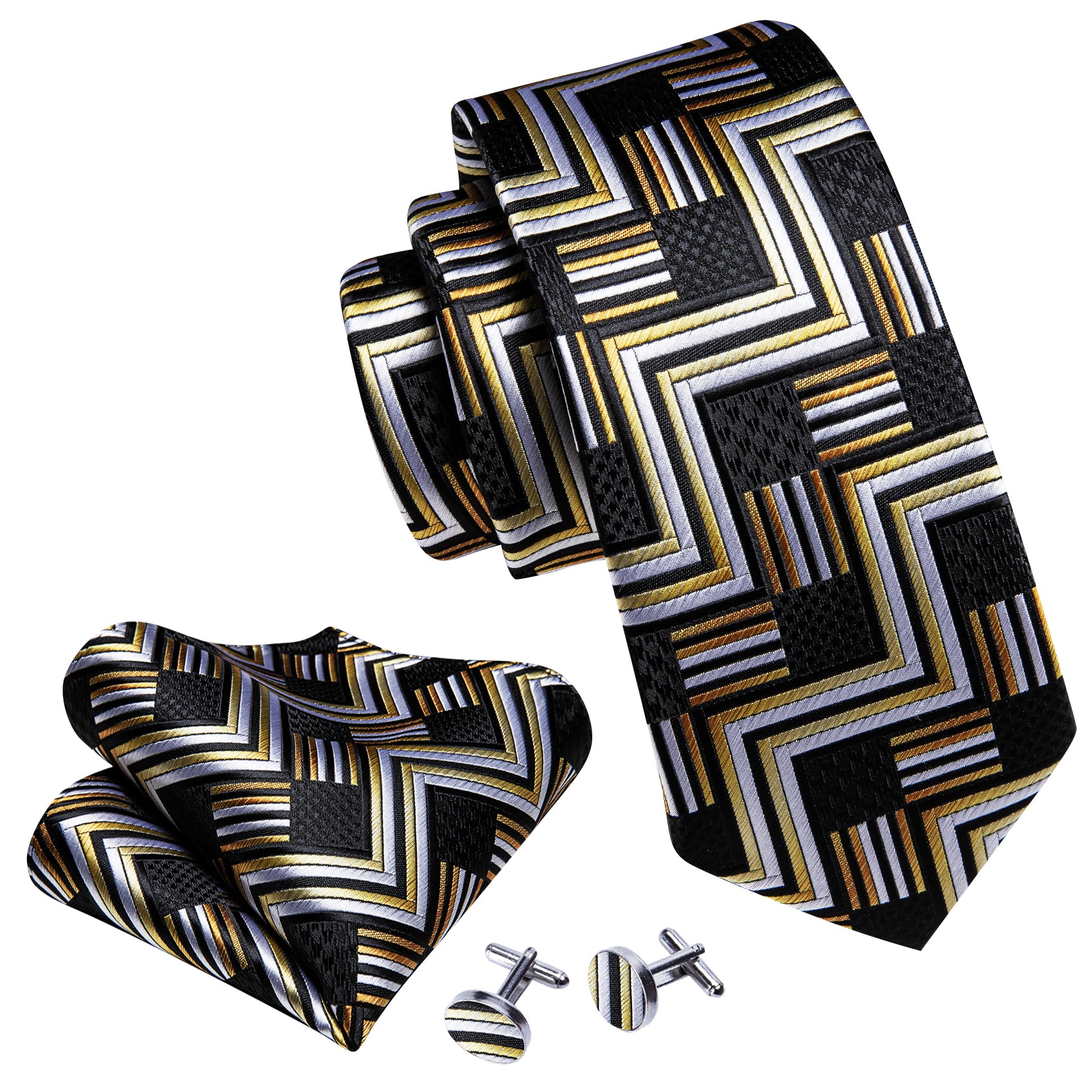 Black Gold Novelty Silk Necktie Hanky Cufflinks Set