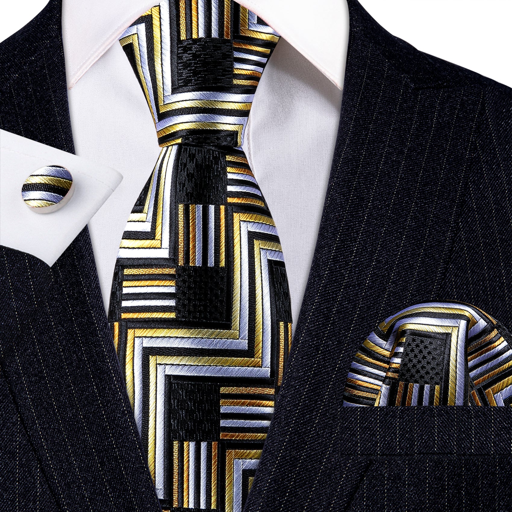 Black Gold Novelty Silk Necktie Hanky Cufflinks Set