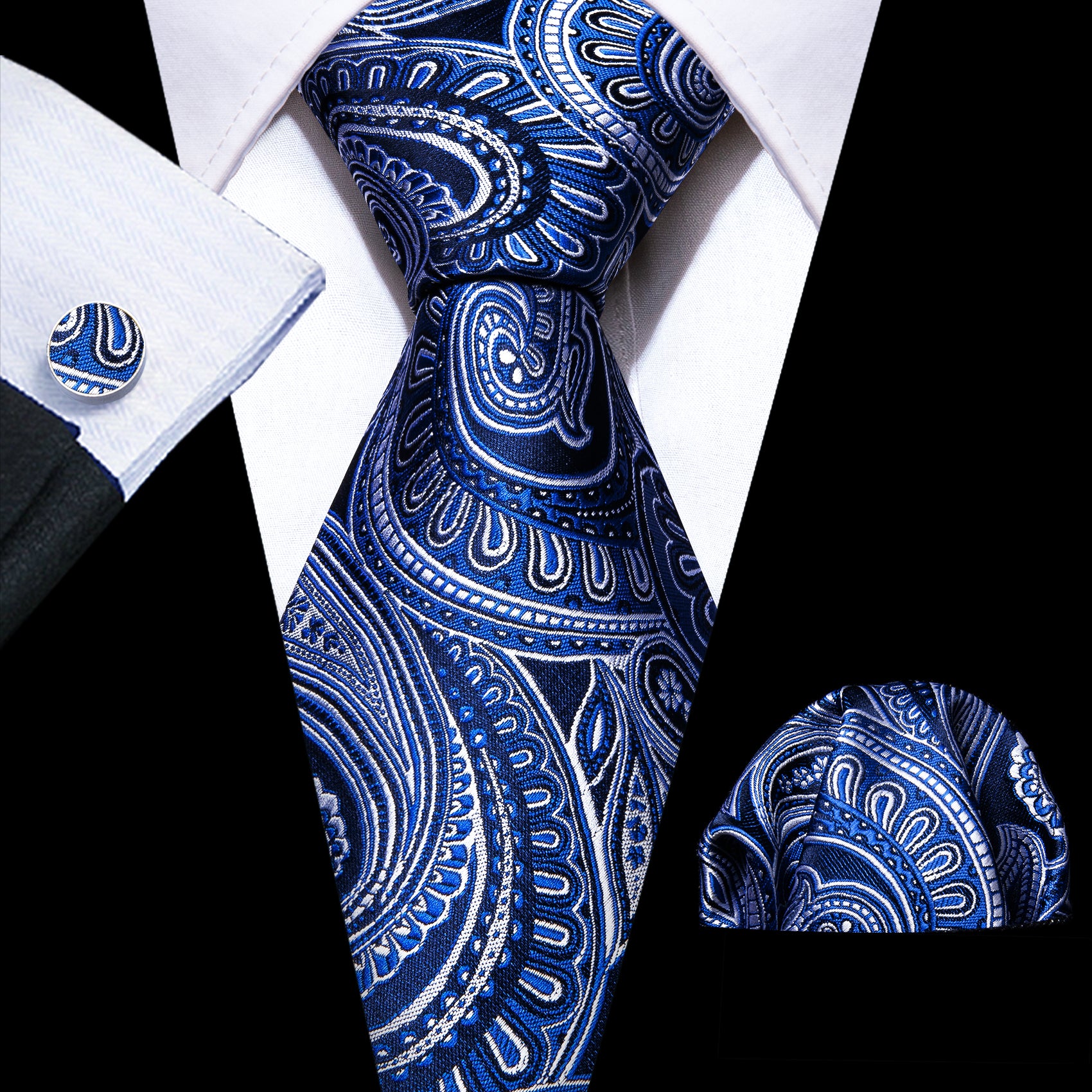 Fashion Blue Paisley Silk Necktie Hanky Cufflinks Set