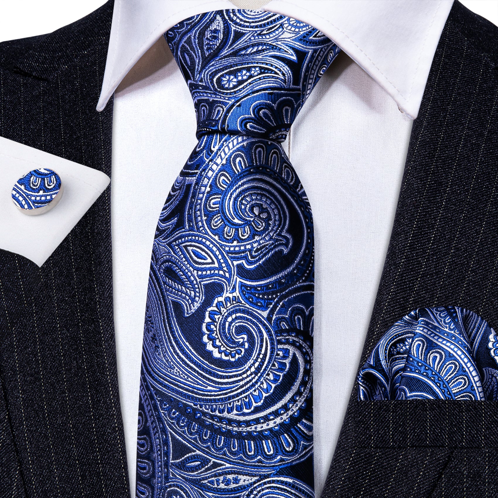 Fashion Blue Paisley Silk Necktie Hanky Cufflinks Set