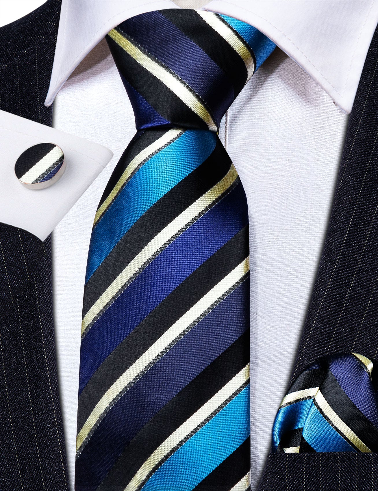 Blue Yellow Striped Silk Necktie Hanky Cufflinks Set